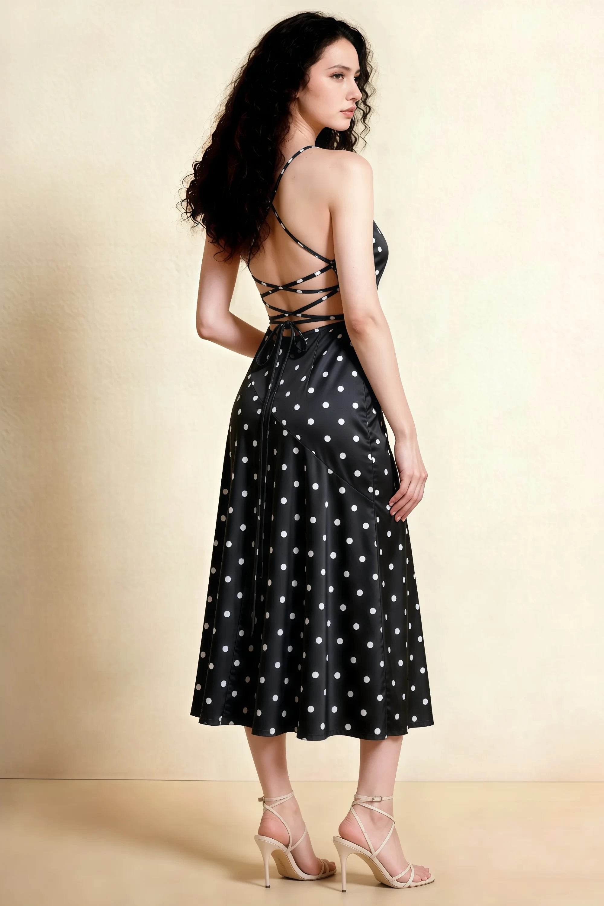 Ada Black Polka Dot High-Low Ruffled Midi Dress Secondary image