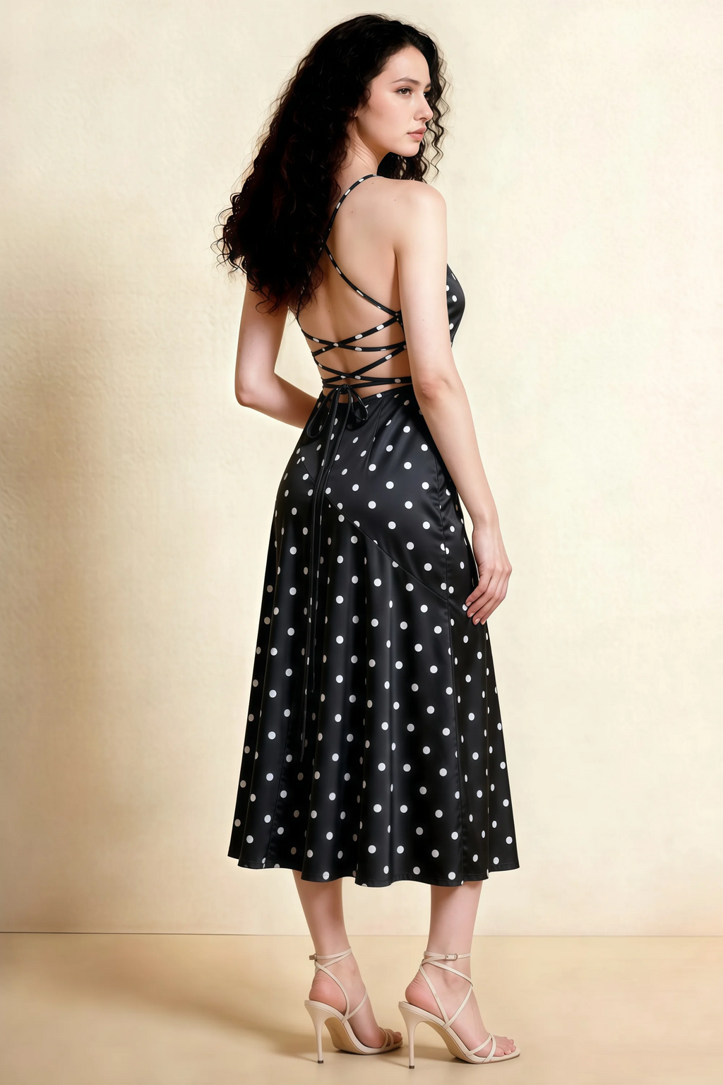 Ada Black Polka Dot High-Low Ruffled Midi Dress
