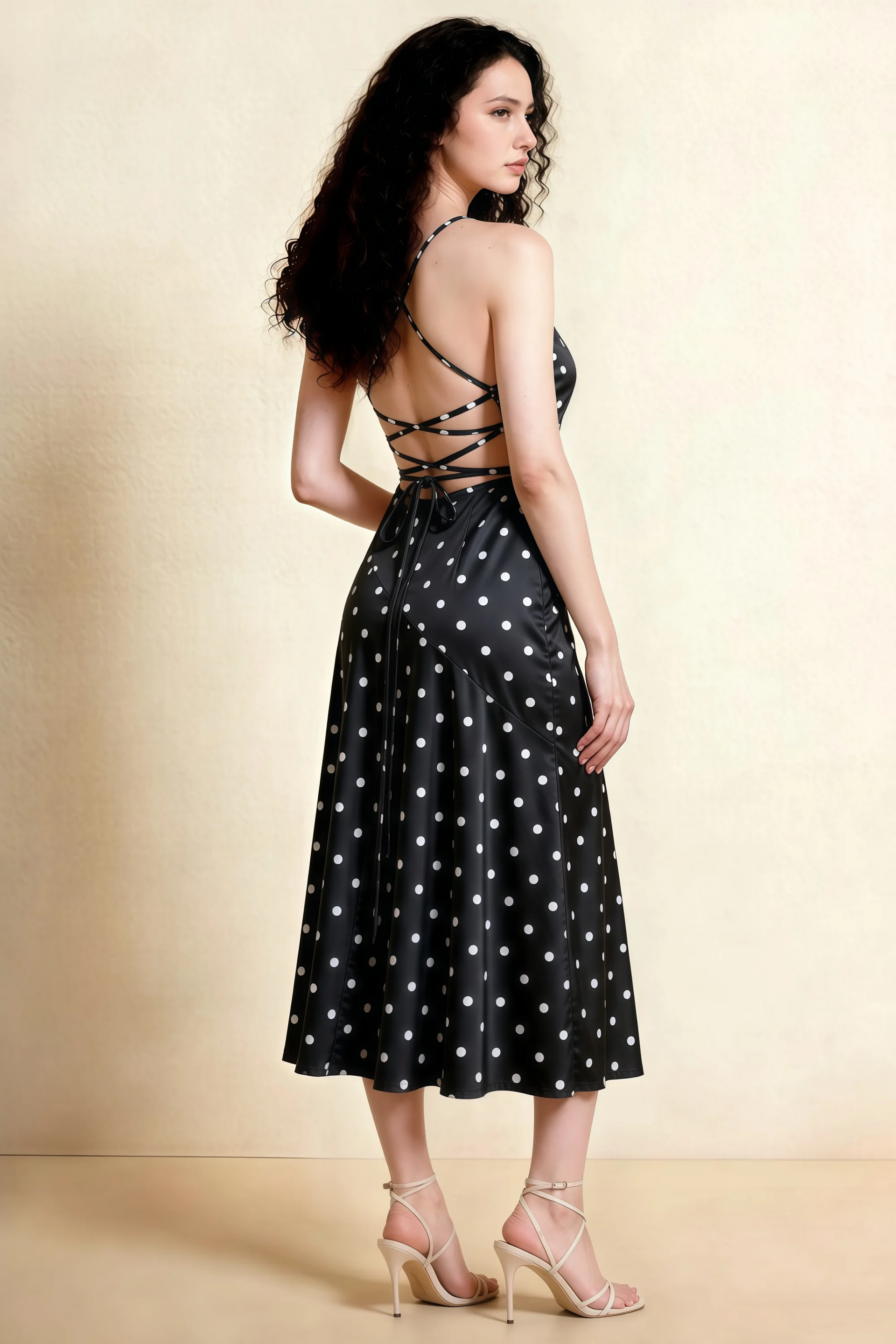 Ada Black Polka Dot High-Low Ruffled Midi Dress