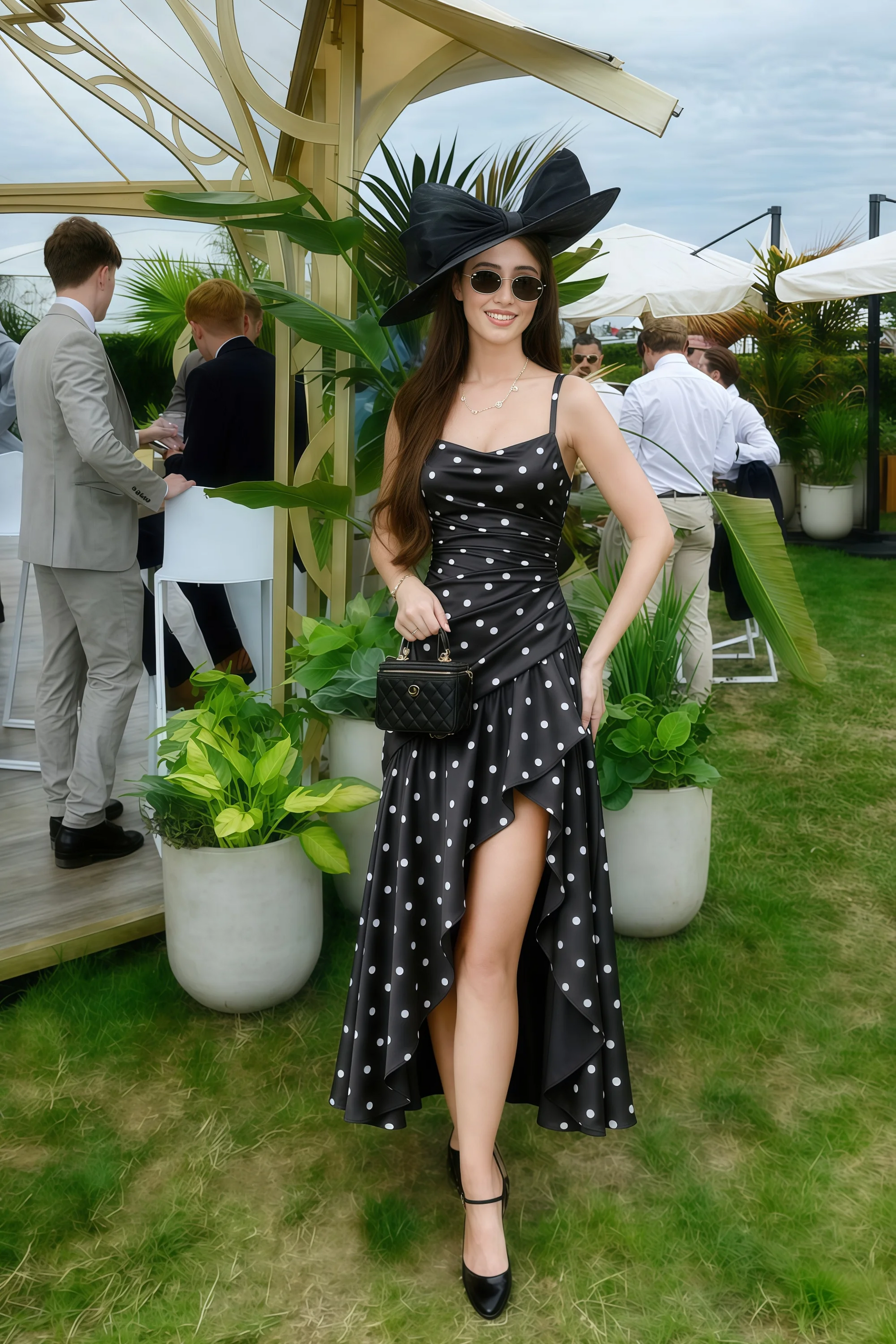 Ada Black Polka Dot High-Low Ruffled Midi Dress