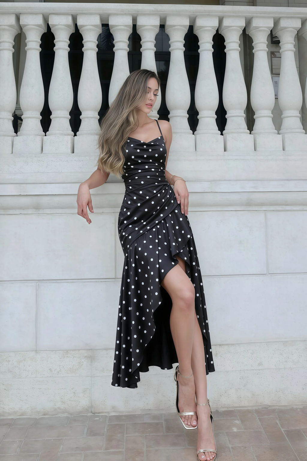 Ada Black Polka Dot High-Low Ruffled Midi Dress