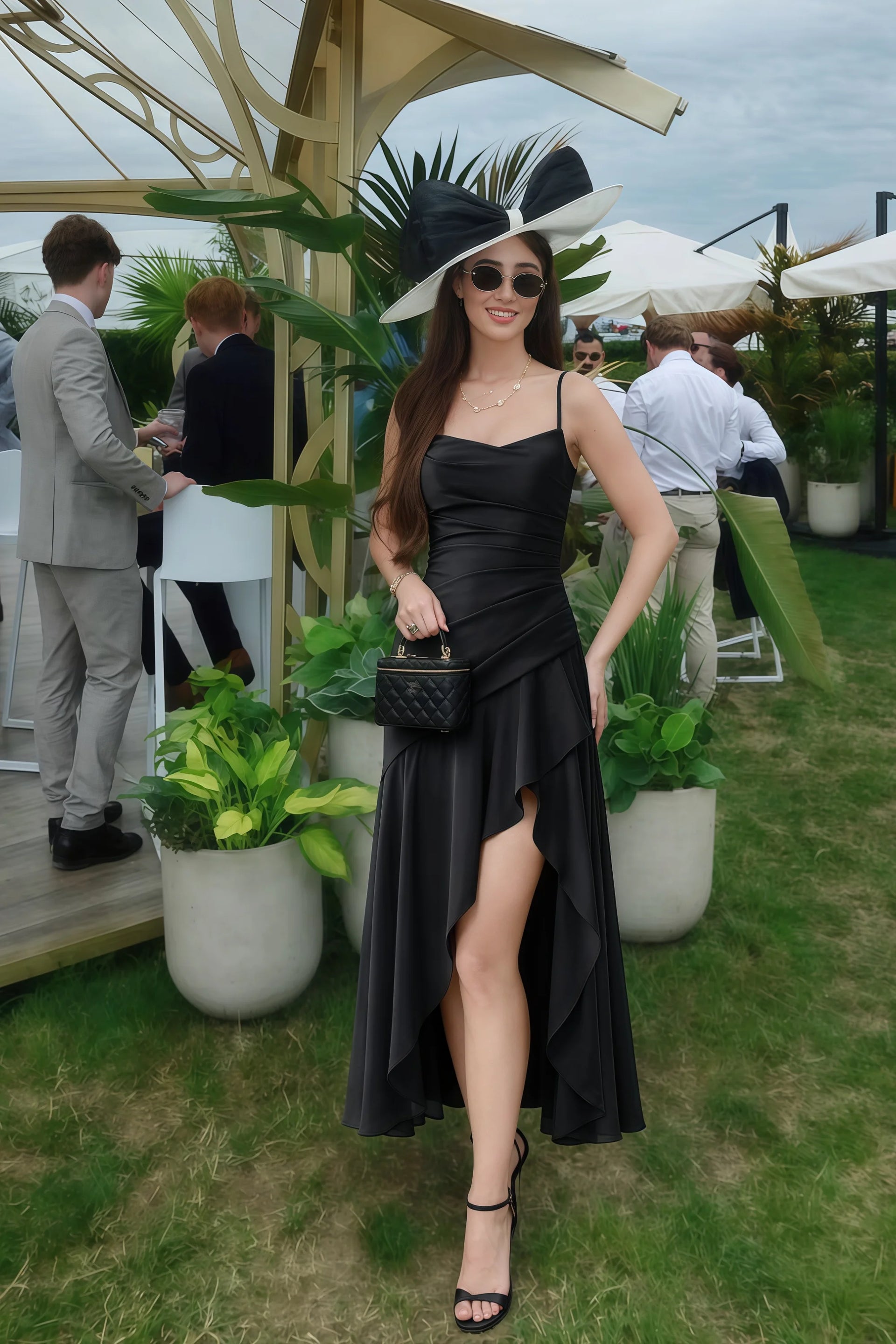 Ada Black Satin High Low Ruffled Midi Dress