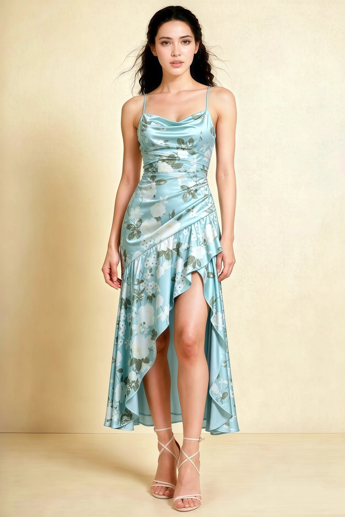 Ada Blue Floral High-Low Ruffled Midi Dress Main image