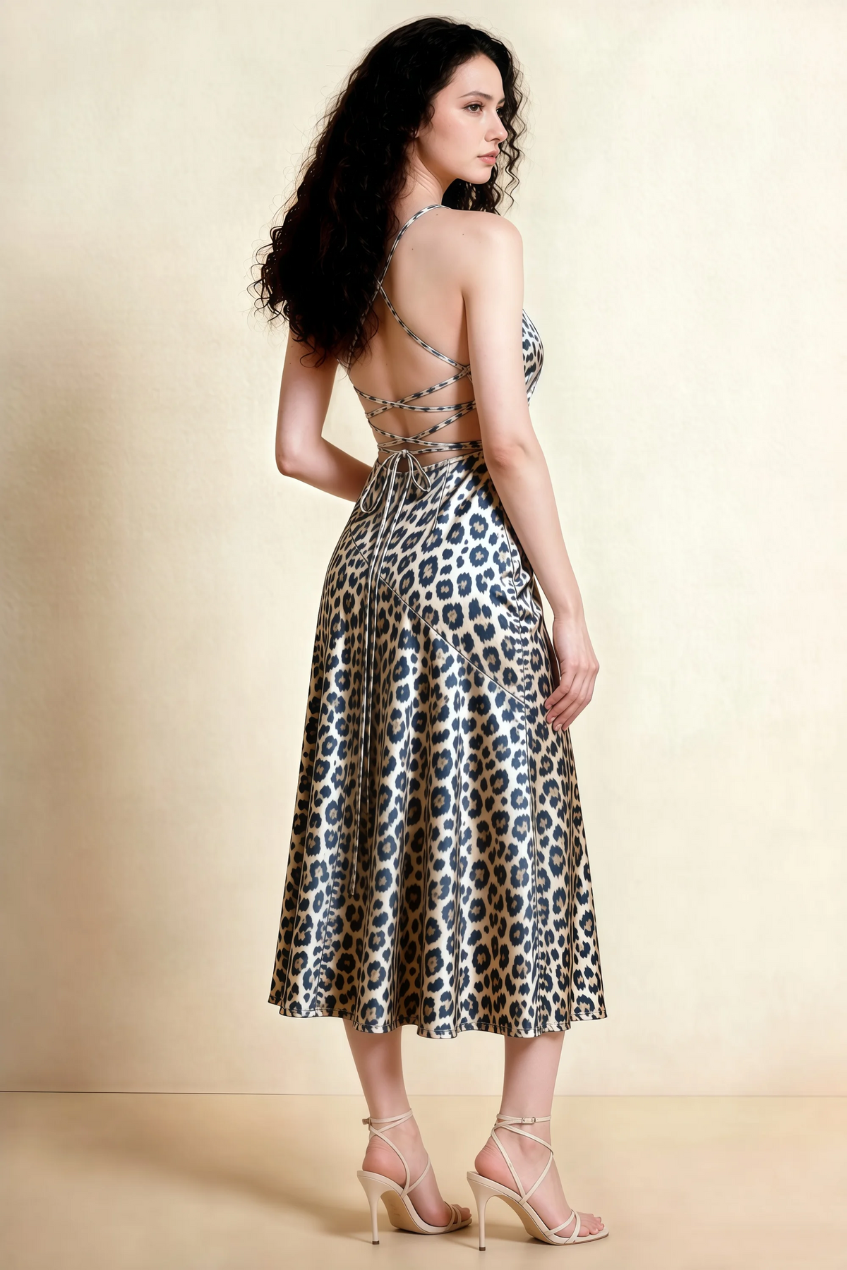 Ada Brown Leopard Print High-Low Ruffled Midi Dress
