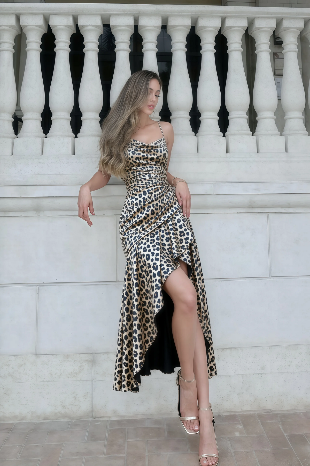 Ada Brown Leopard Print High-Low Ruffled Midi Dress