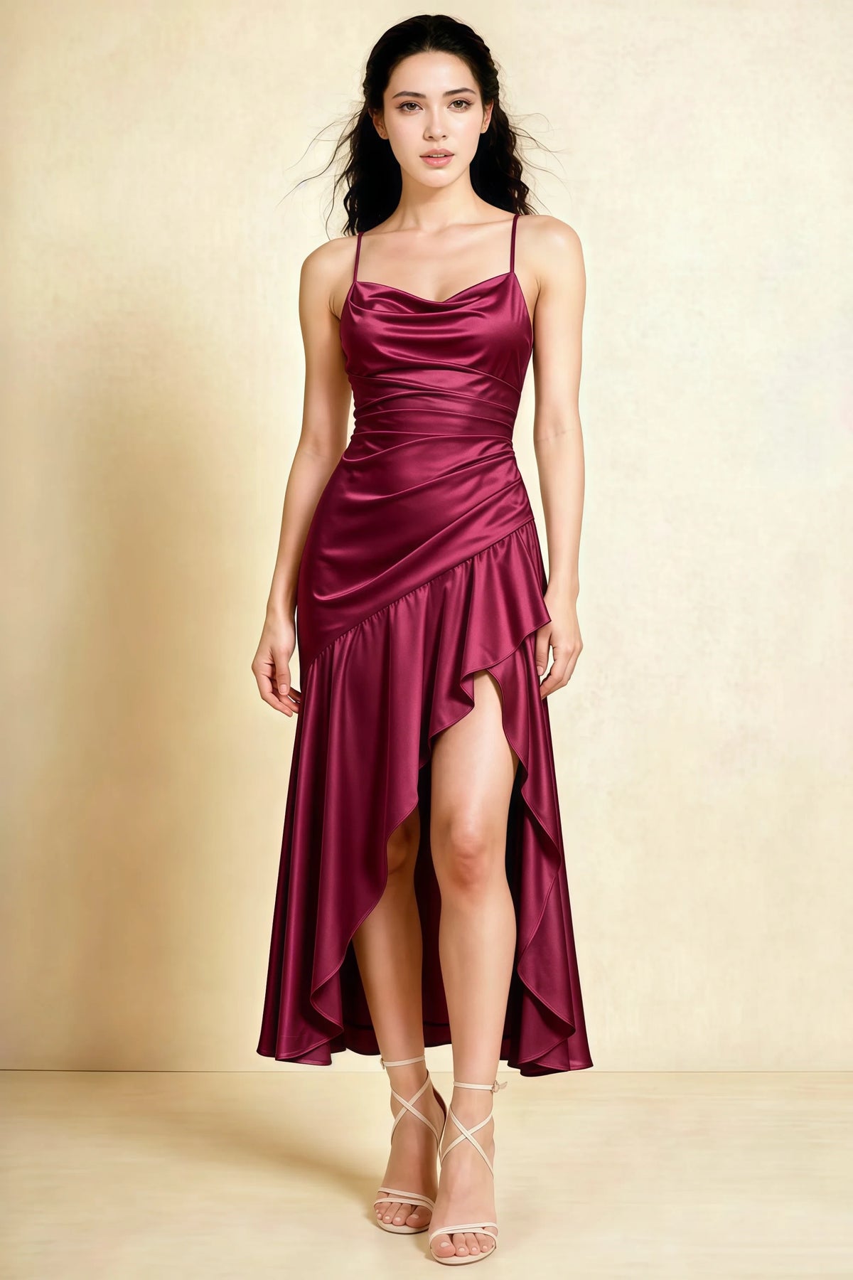 Ada Burgundy Satin High Low Ruffled Midi Dress Imagen principal del producto