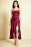 Ada Burgundy Satin High Low Ruffled Midi Dress