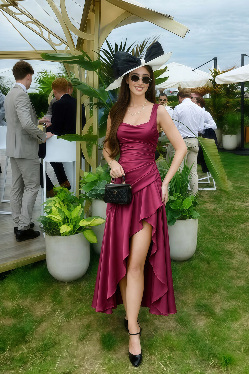 Ada Burgundy Satin High Low Ruffled Midi Dress