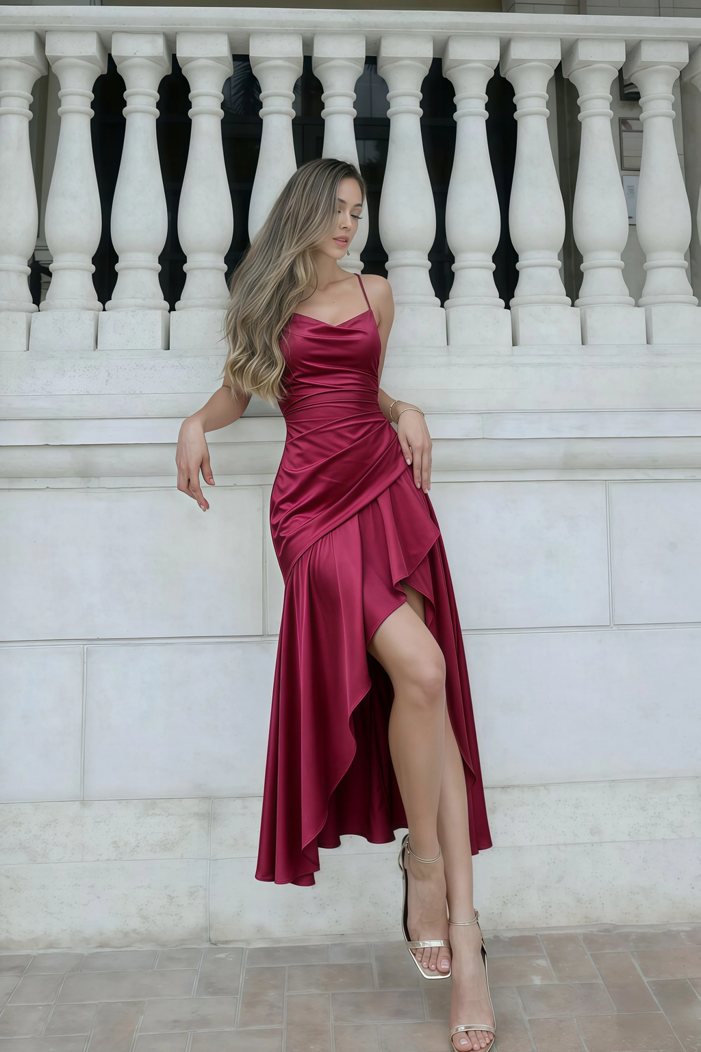 Ada Burgundy Satin High Low Ruffled Midi Dress