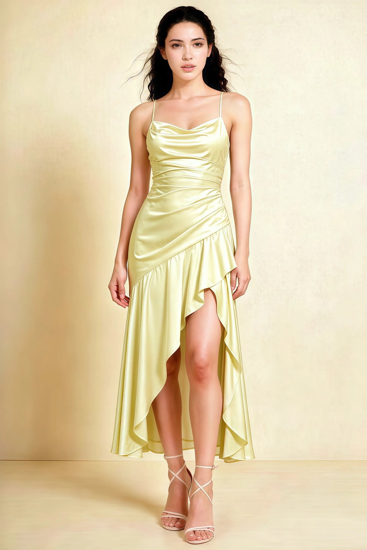 Front view of the LVLVS Ada butter yellow midi dress, showing the draped neckline, thin straps and high-low ruffled skirt. Main image
