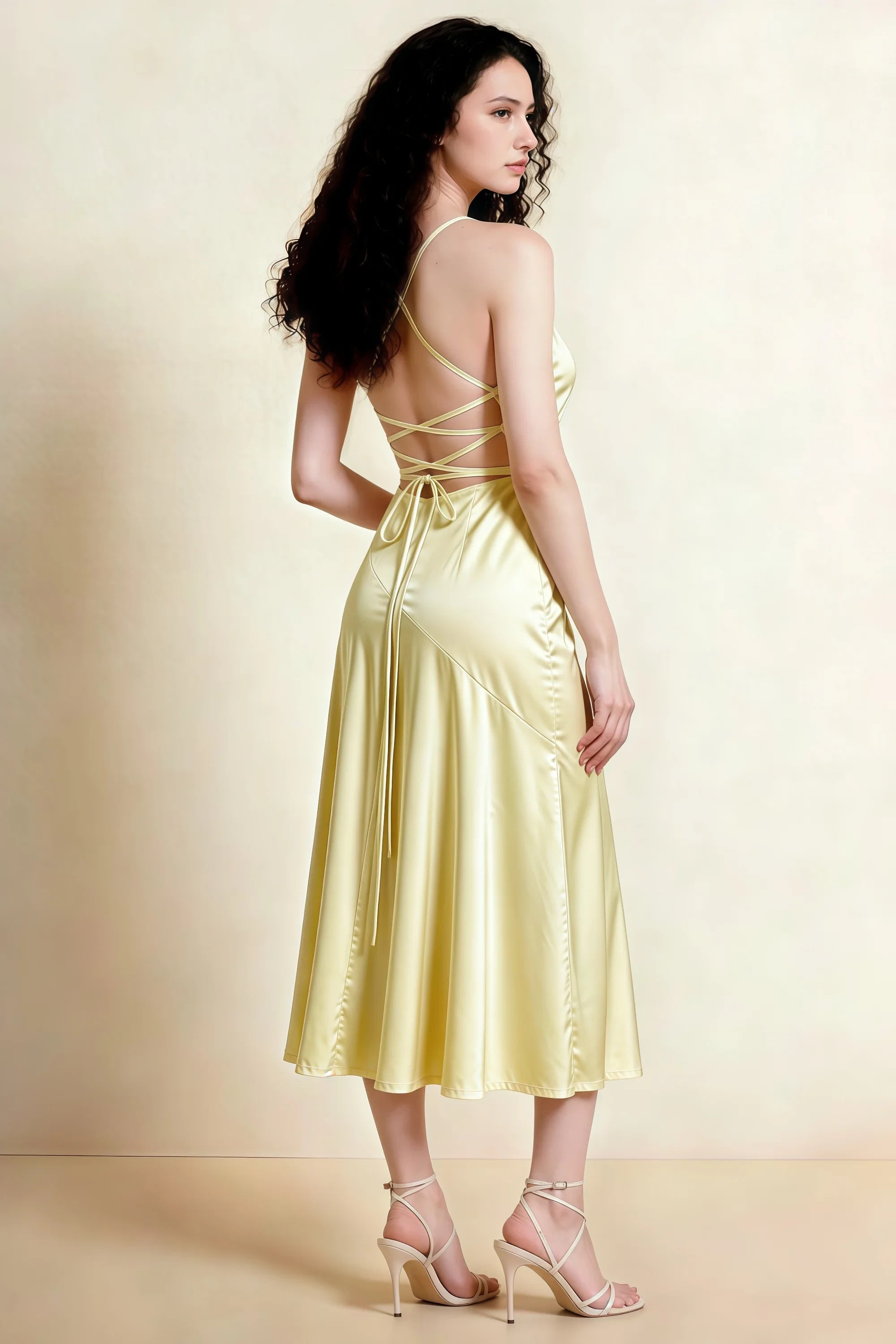Ada Butter Yellow Satin High-Low Ruffled Midi Dress Secondary image