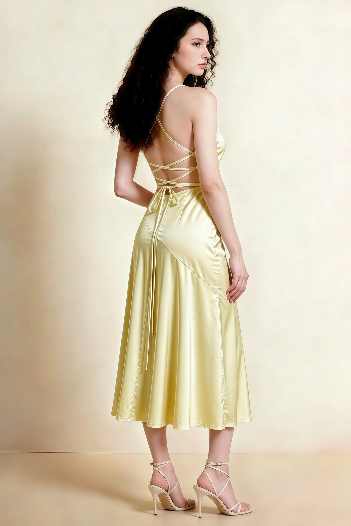 Ada Butter Yellow Satin High-Low Ruffled Midi Dress