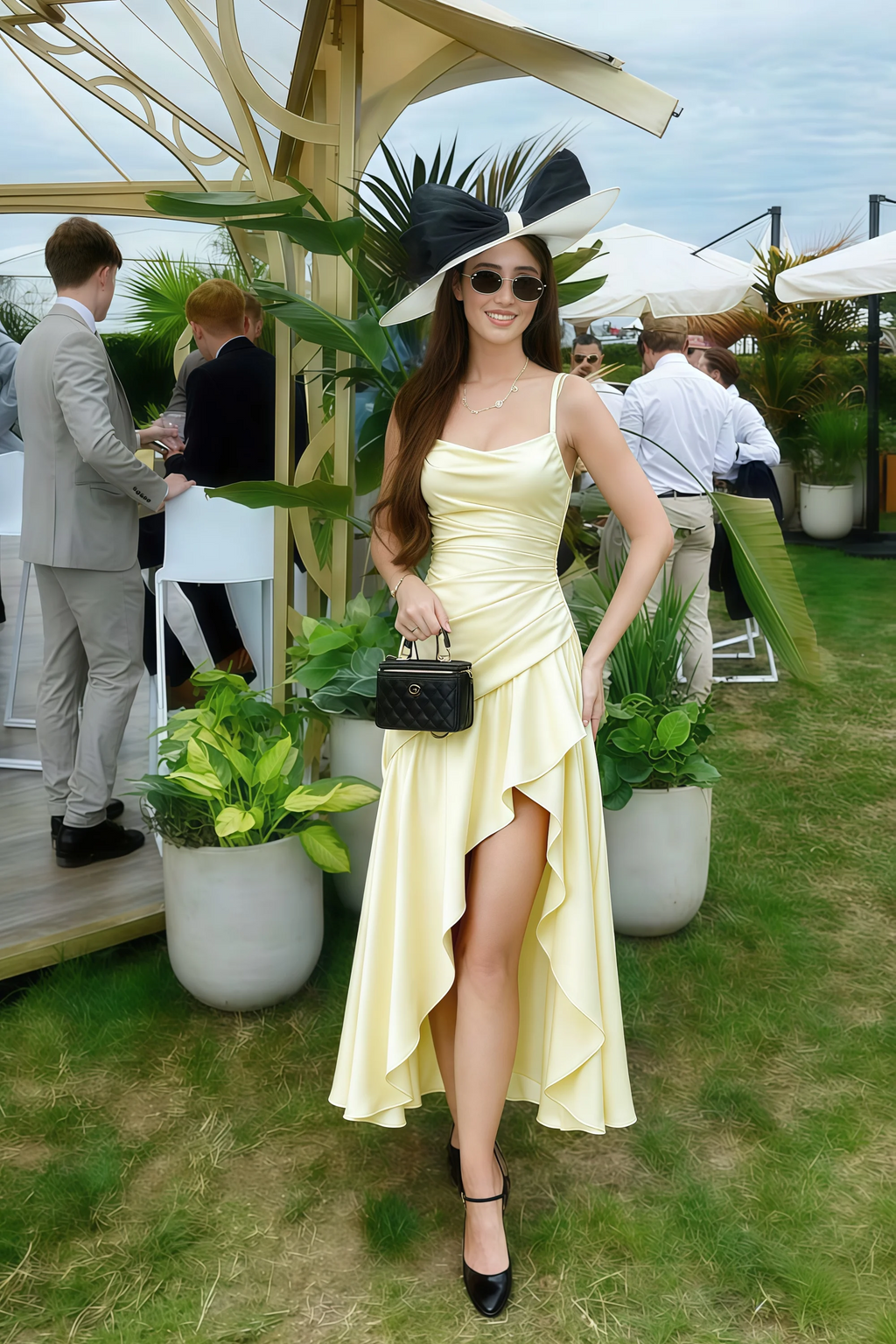 Ada Butter Yellow Satin High-Low Ruffled Midi Dress