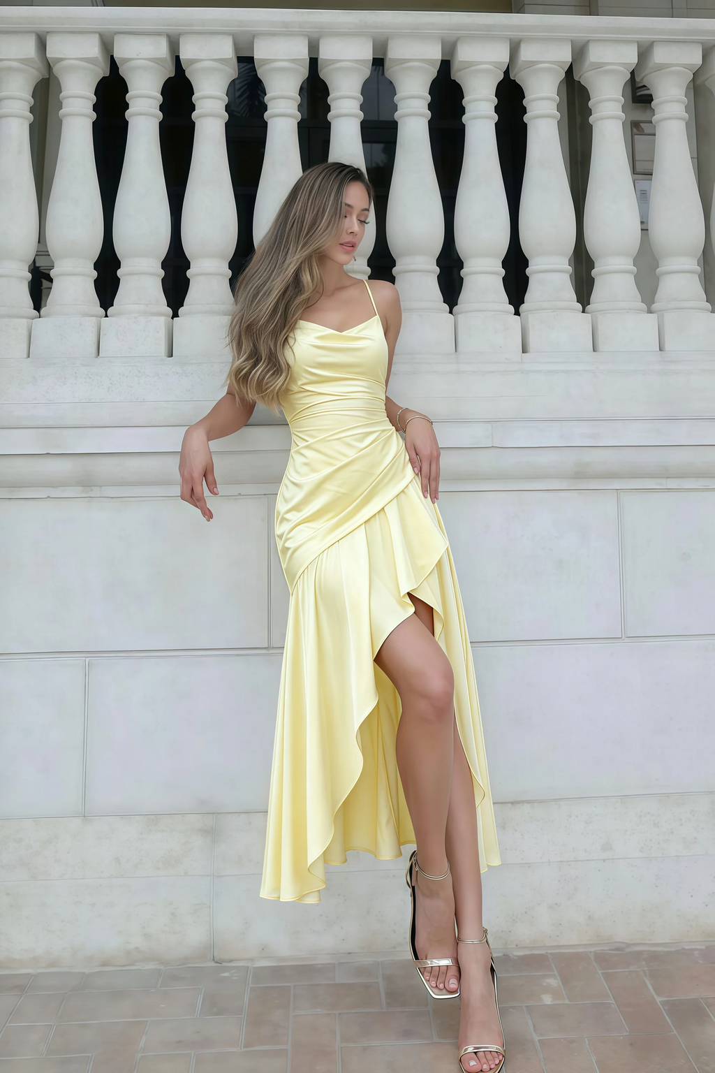 Ada Butter Yellow Satin High-Low Ruffled Midi Dress