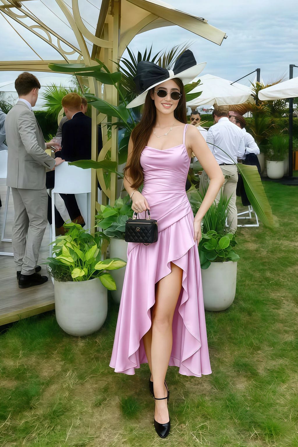 The LVLVS Ada candy pink midi dress worn on a lawn at an outdoor gathering, styled with a hat, sunglasses and a black handbag.