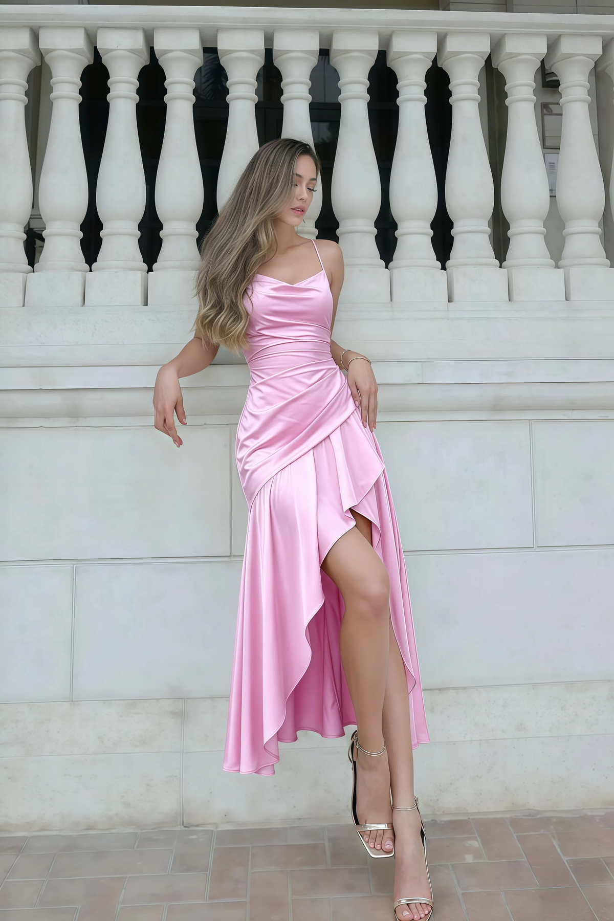 The LVLVS Ada candy pink midi dress beside a white stone balustrade, showing the asymmetric ruffled hem and styled with a beige clutch.