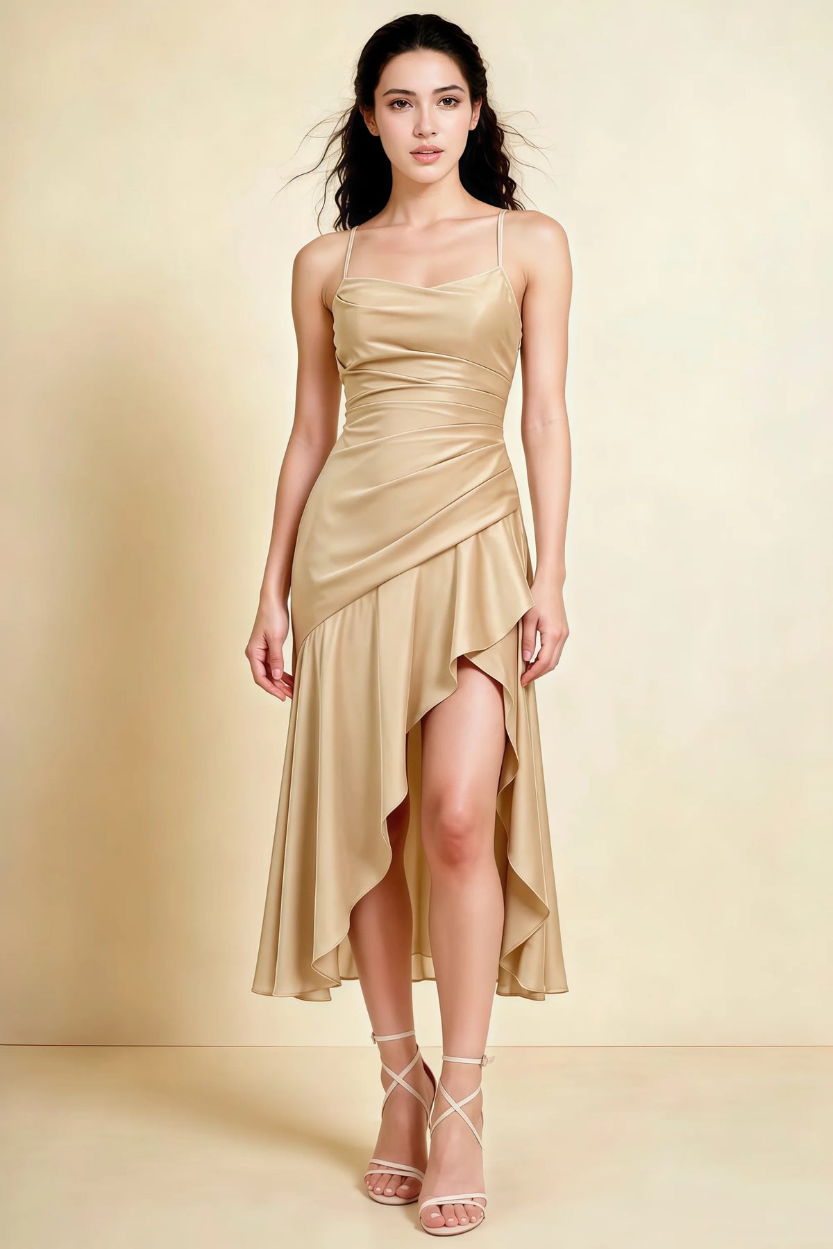 Front view of the LVLVS Ada champagne midi dress, showing the draped neckline, thin straps and high-low ruffled skirt.