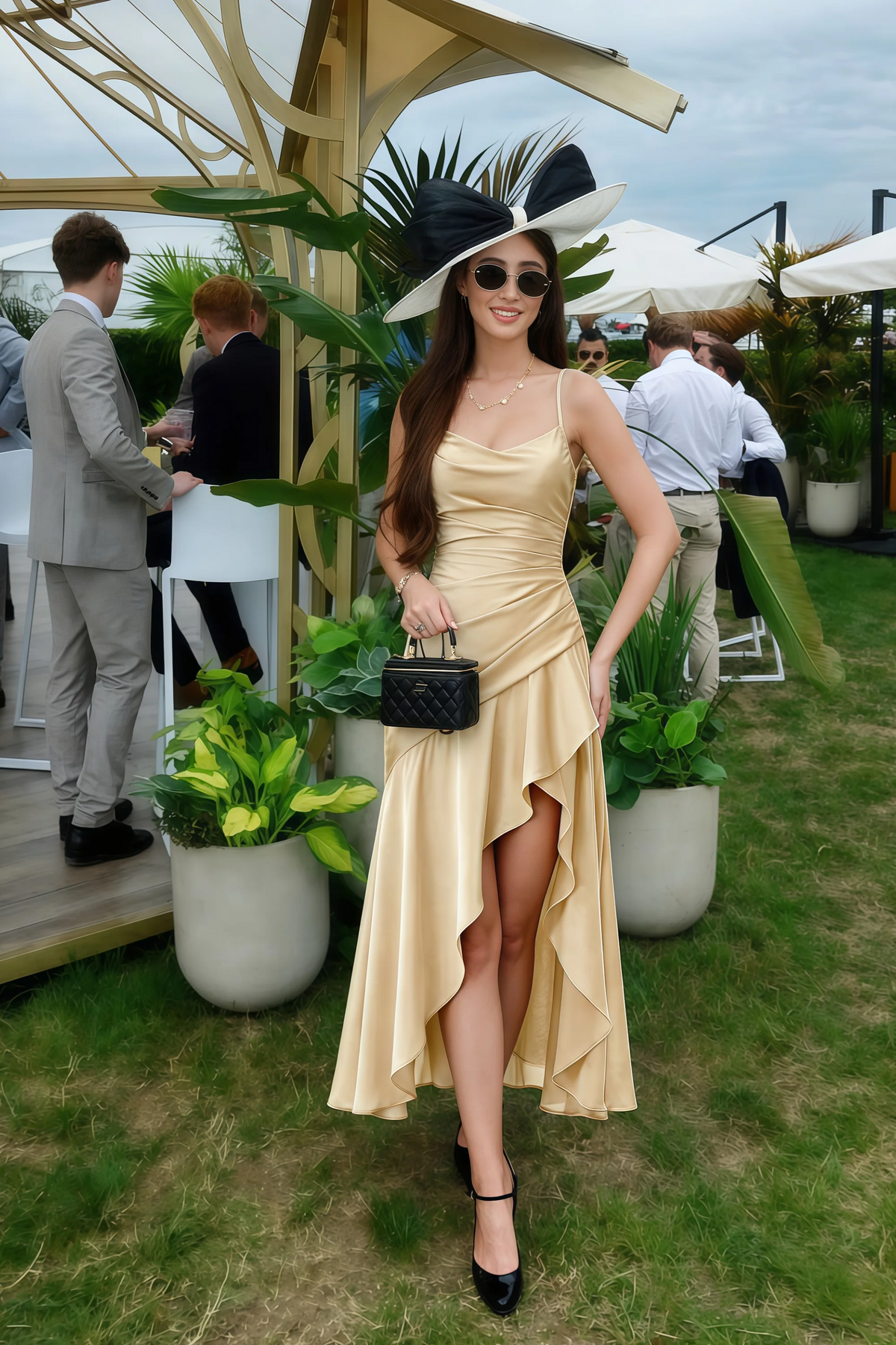 The LVLVS Ada champagne midi dress worn on a lawn at an outdoor gathering, styled with a hat, sunglasses and a black handbag.