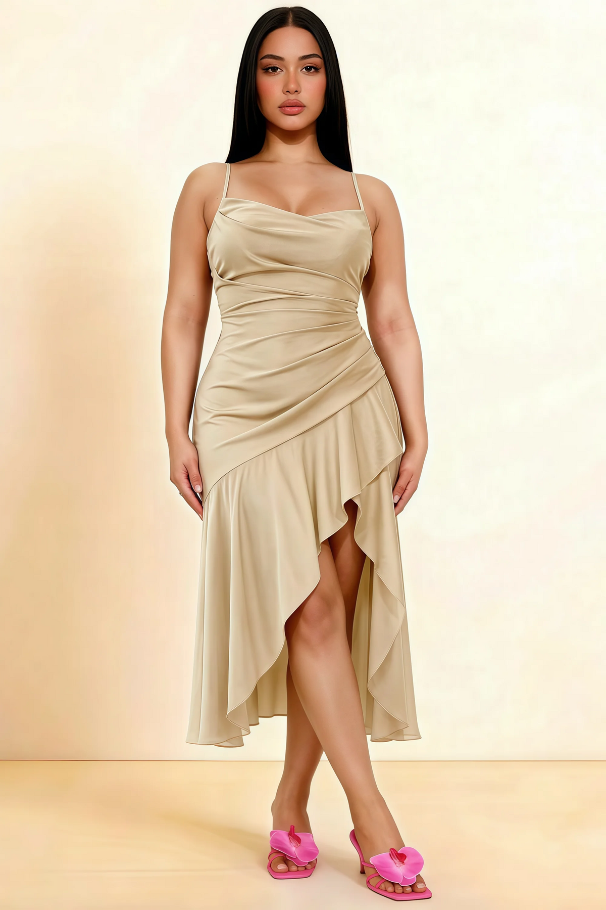 Full-length front view of the LVLVS Ada champagne midi dress, styled with bright pink heels and showing the high-low ruffled skirt.