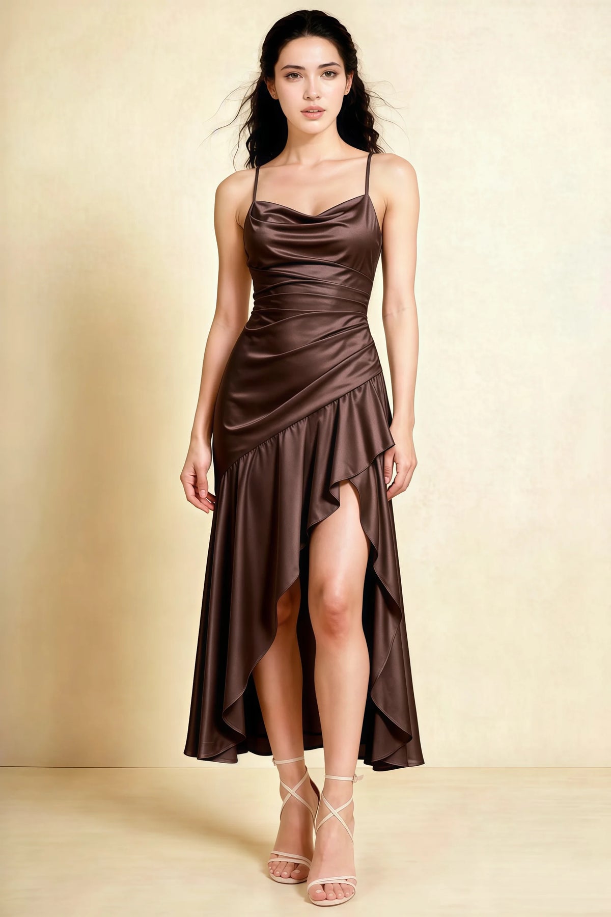 Ada Chocolate Brown Satin High-Low Ruffled Midi Dress Main image