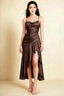 Front view of the LVLVS Ada chocolate brown midi dress, showing the draped neckline, thin straps and high-low ruffled skirt.