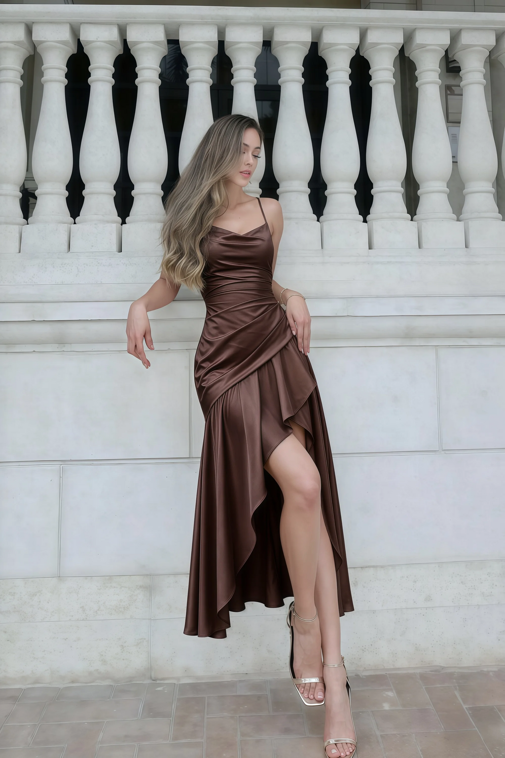 The LVLVS Ada chocolate brown midi dress beside a white stone balustrade, showing the asymmetric ruffled hem and styled with a beige clutch.