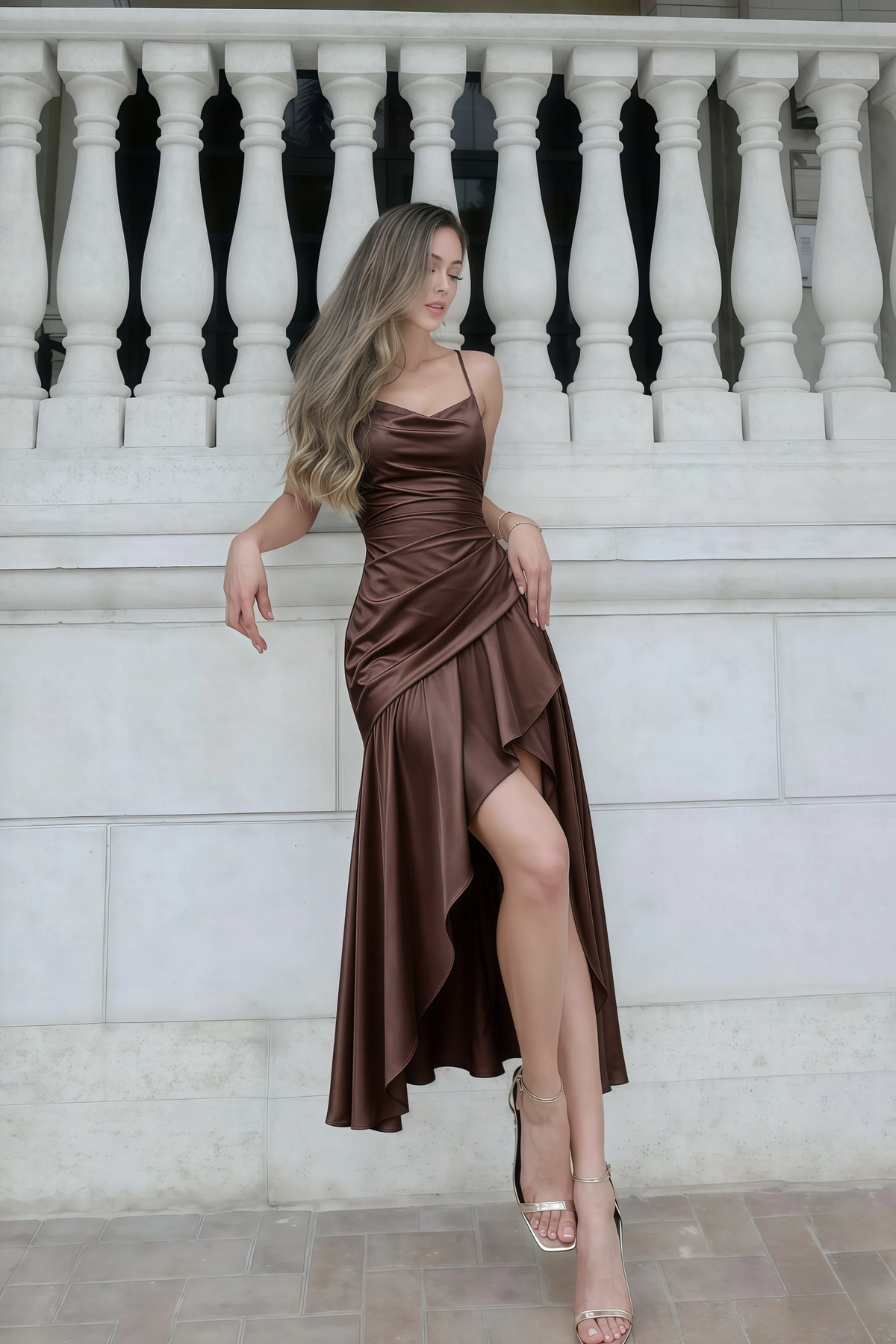 The LVLVS Ada chocolate brown midi dress beside a white stone balustrade, showing the asymmetric ruffled hem and styled with a beige clutch.