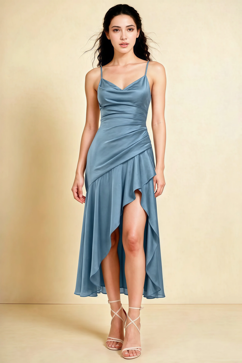 Ada Dusty Blue Satin High-Low Ruffled Midi Dress