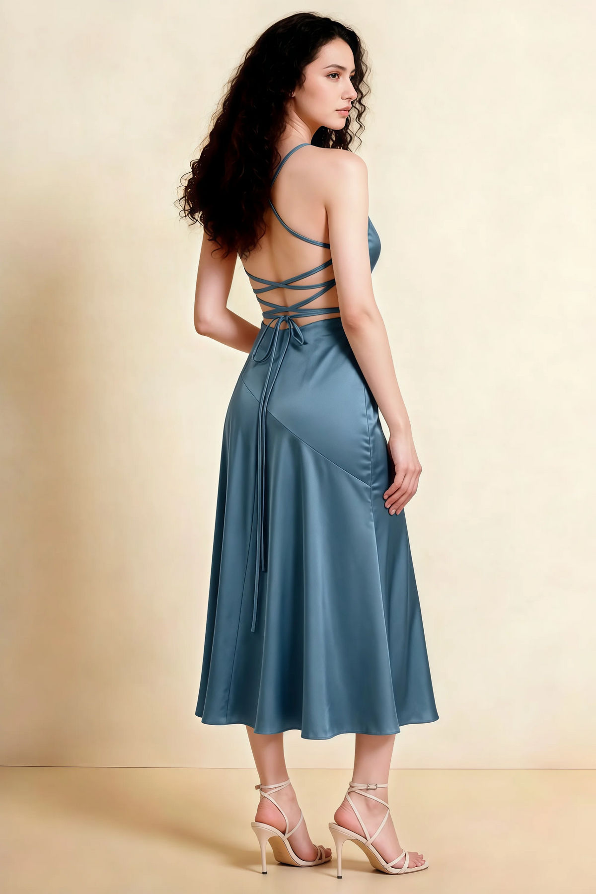 Ada Dusty Blue Satin High-Low Ruffled Midi Dress