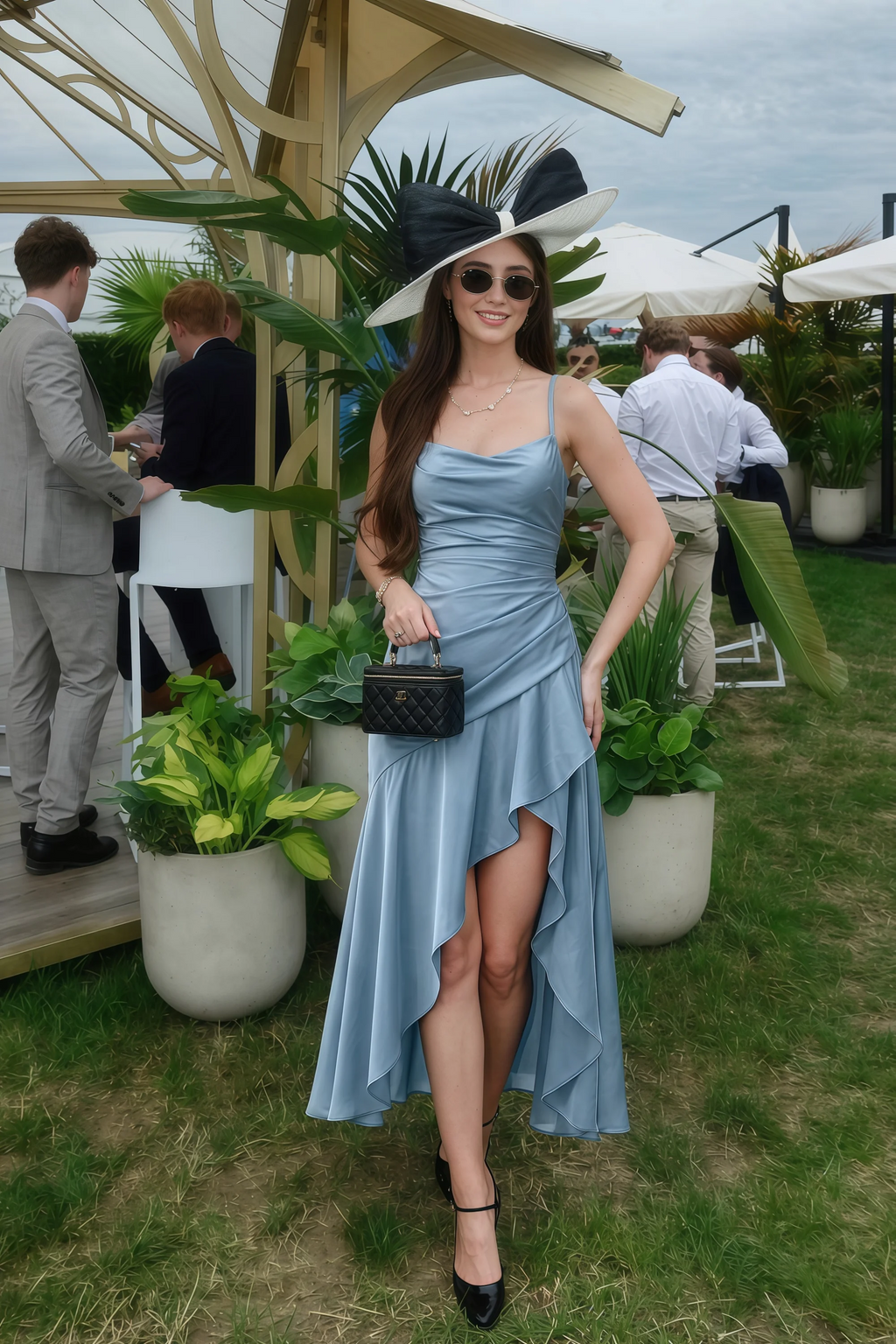 Ada Dusty Blue Satin High-Low Ruffled Midi Dress
