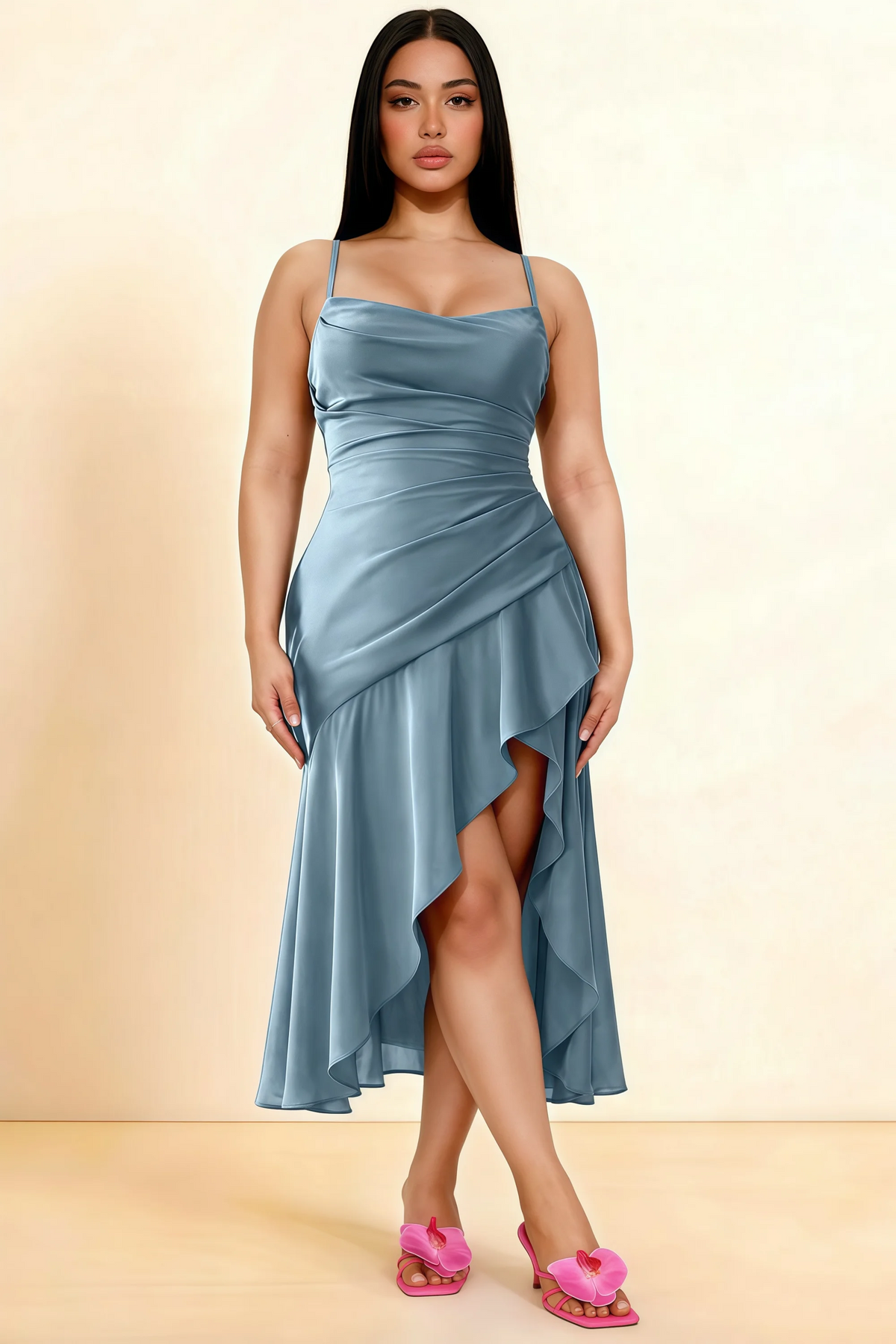 Ada Dusty Blue Satin High-Low Ruffled Midi Dress
