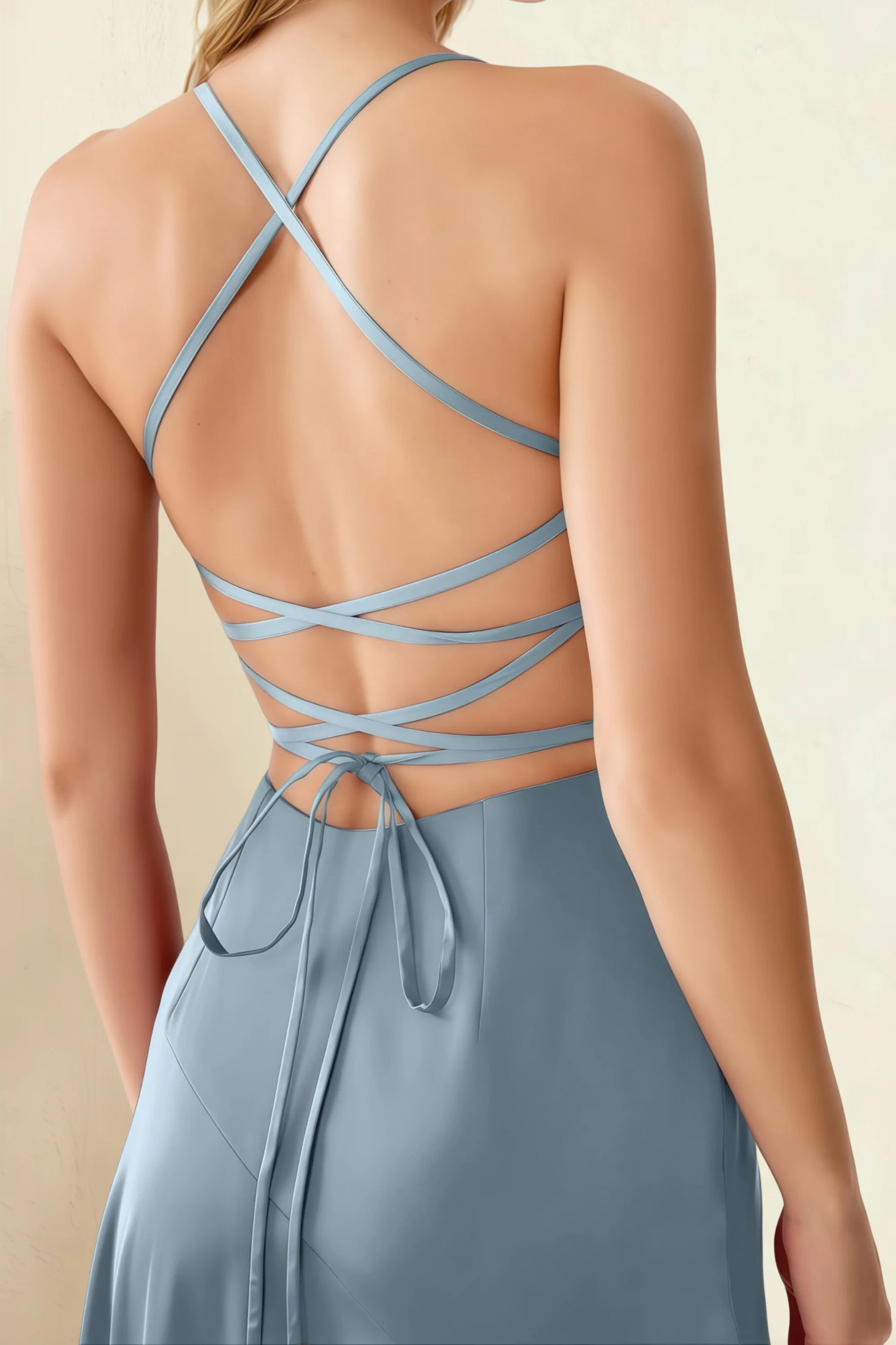 Ada Dusty Blue Satin High-Low Ruffled Midi Dress