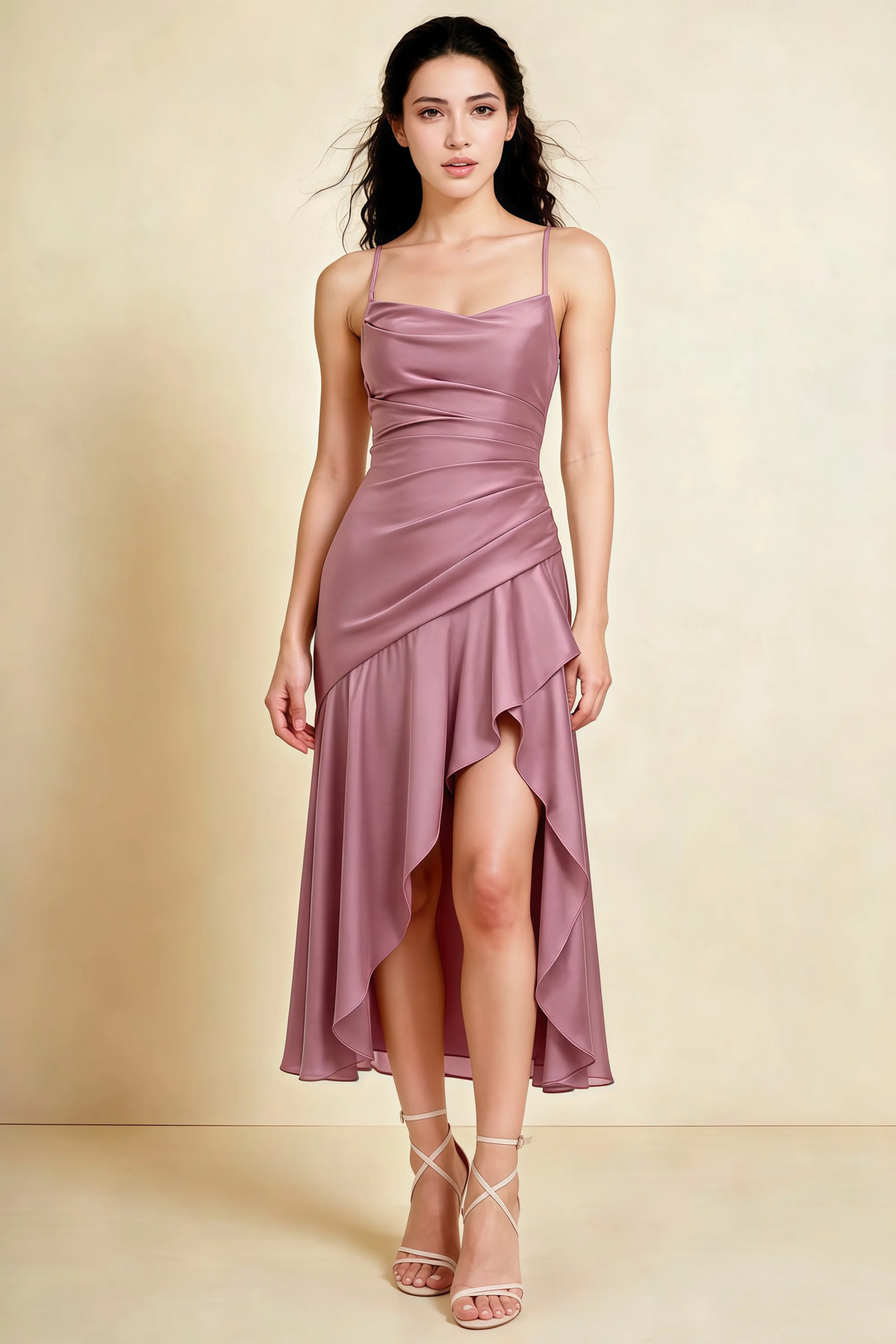 Ada Dusty Rose Satin High-Low Ruffled Midi Dress