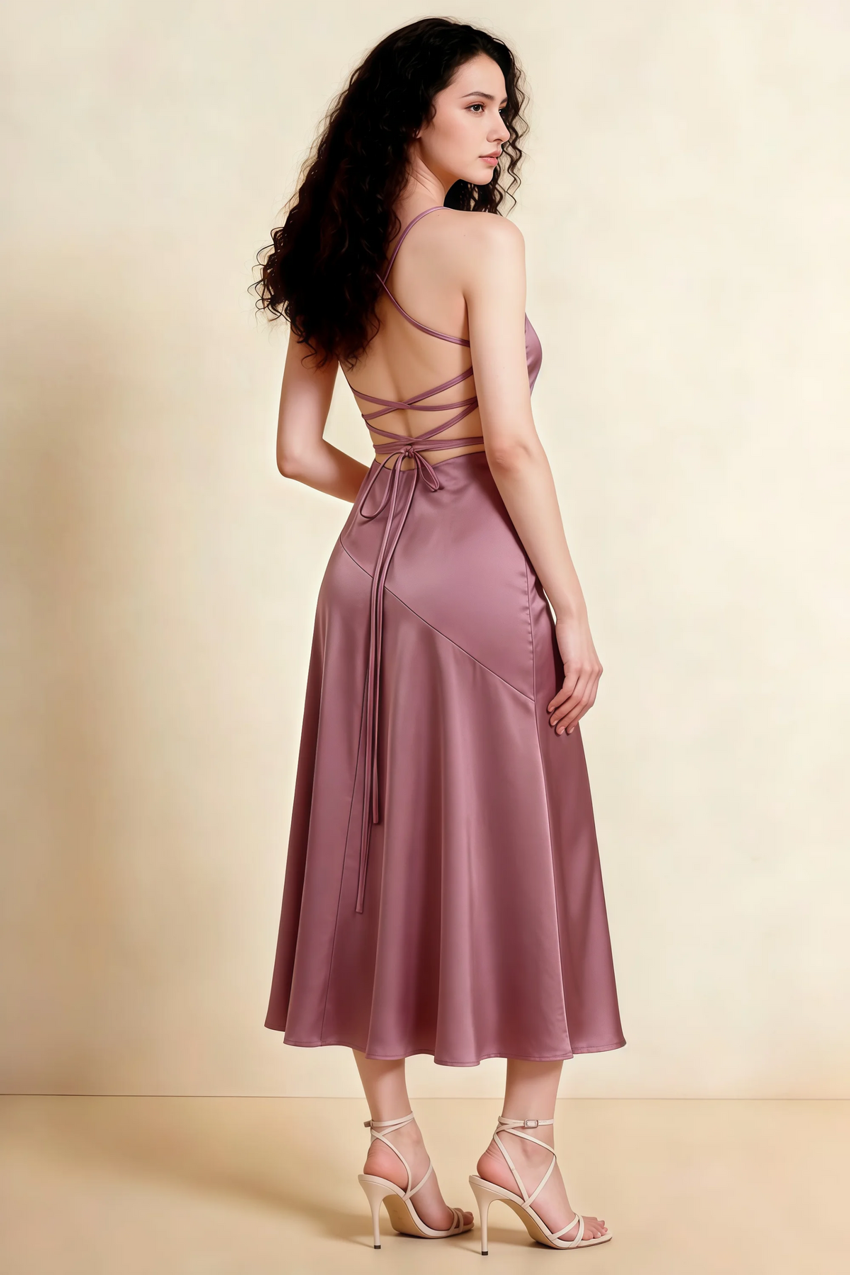 Ada Dusty Rose Satin High-Low Ruffled Midi Dress