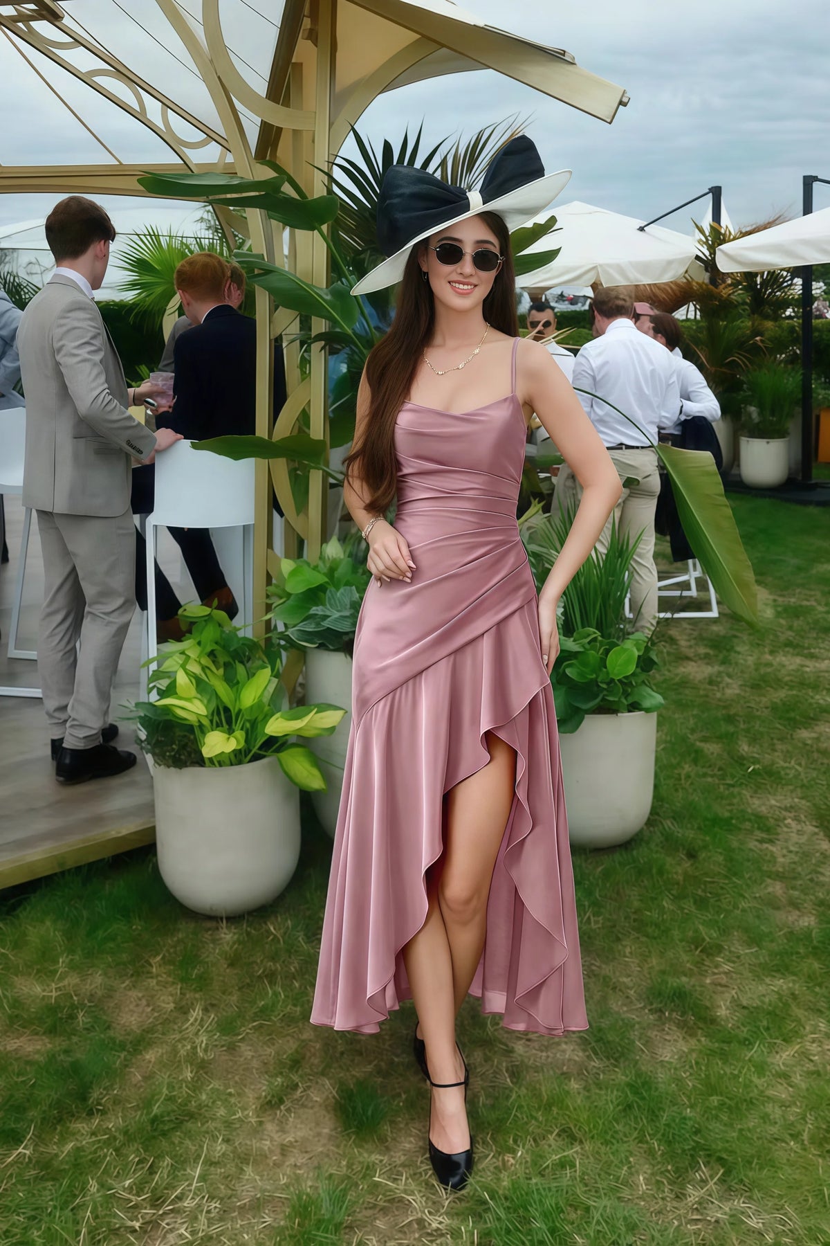Ada Dusty Rose Satin High-Low Ruffled Midi Dress