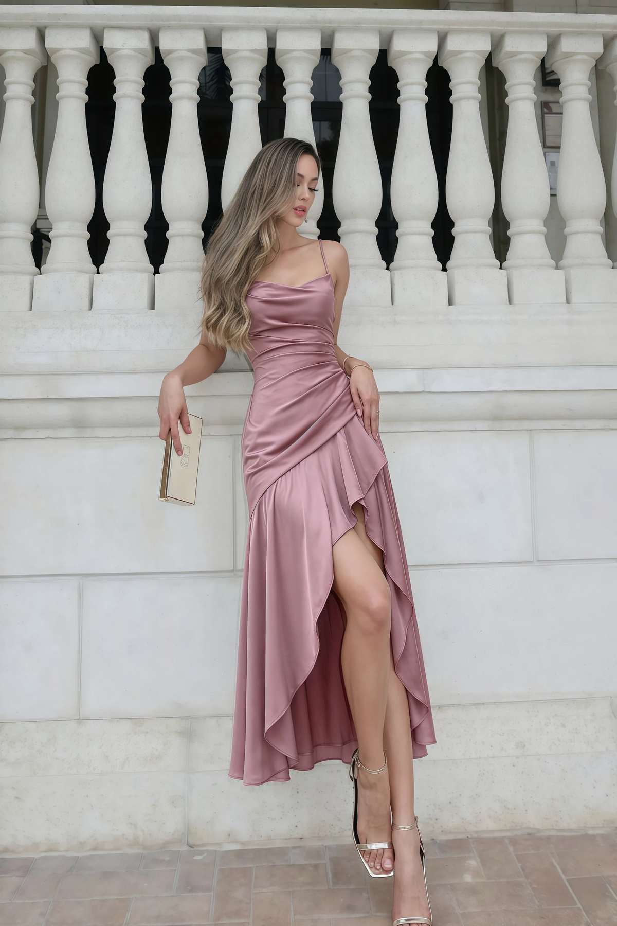 Ada Dusty Rose Satin High-Low Ruffled Midi Dress