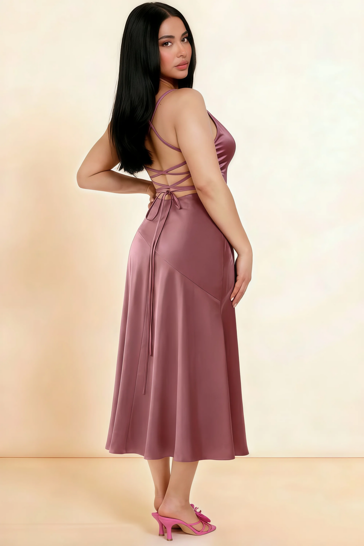 Ada Dusty Rose Satin High-Low Ruffled Midi Dress
