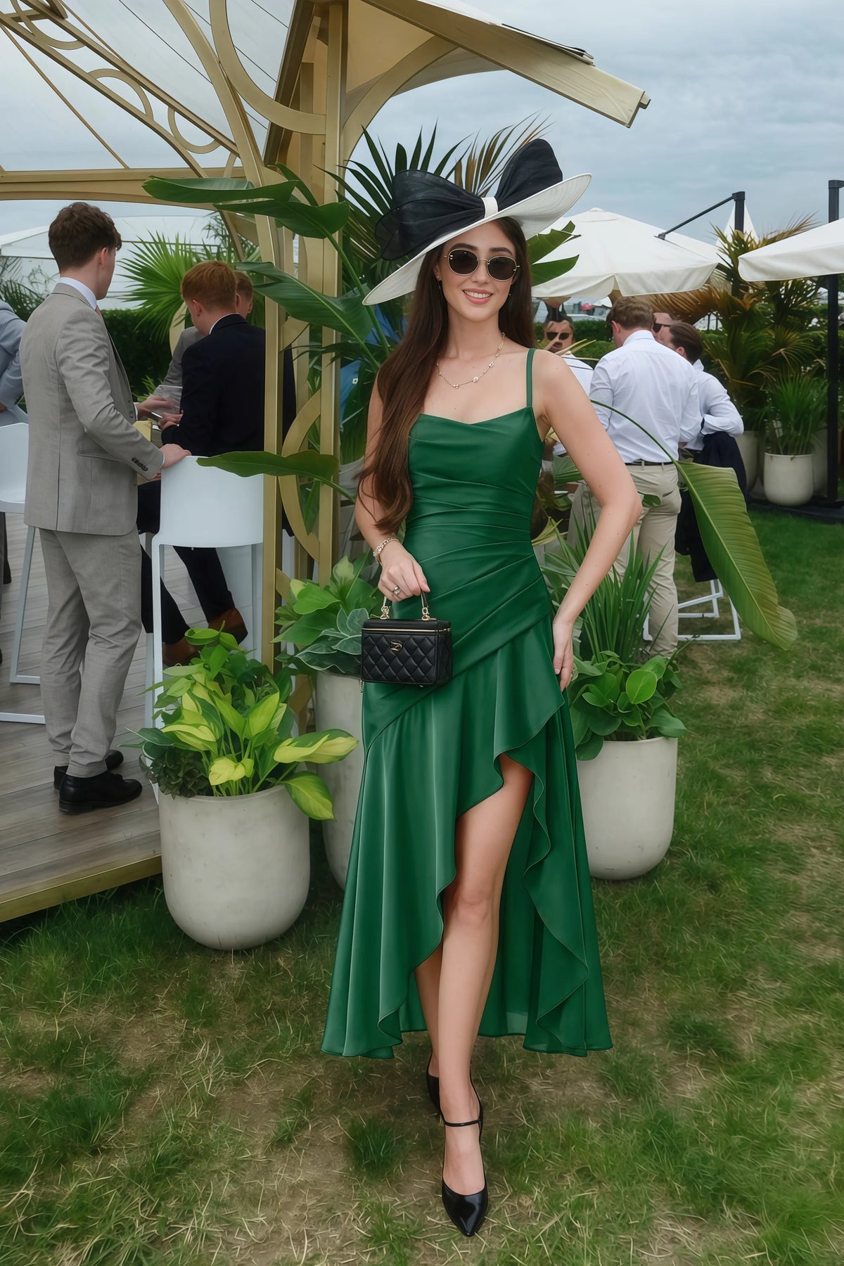 Ada Emerald Green Satin High-Low Ruffled Midi Dress