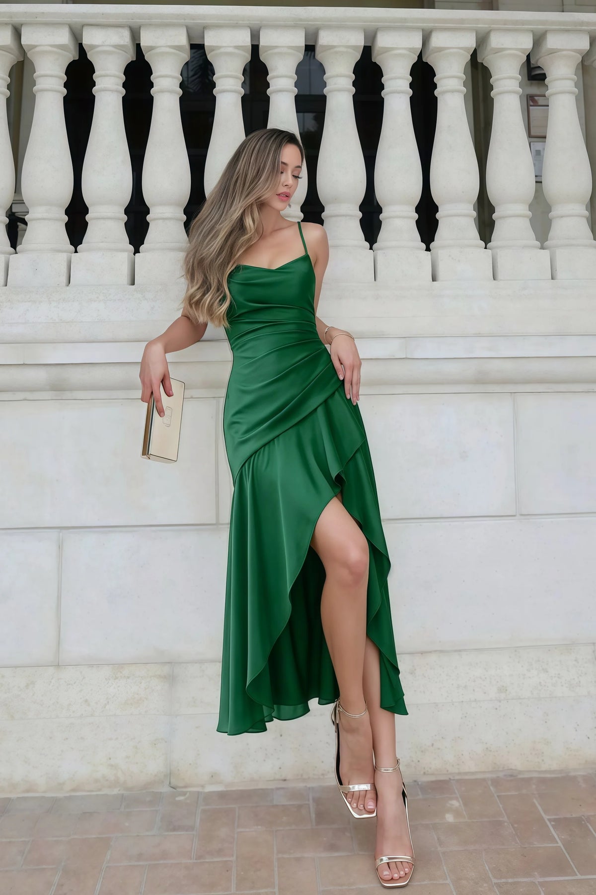 Ada Emerald Green Satin High-Low Ruffled Midi Dress