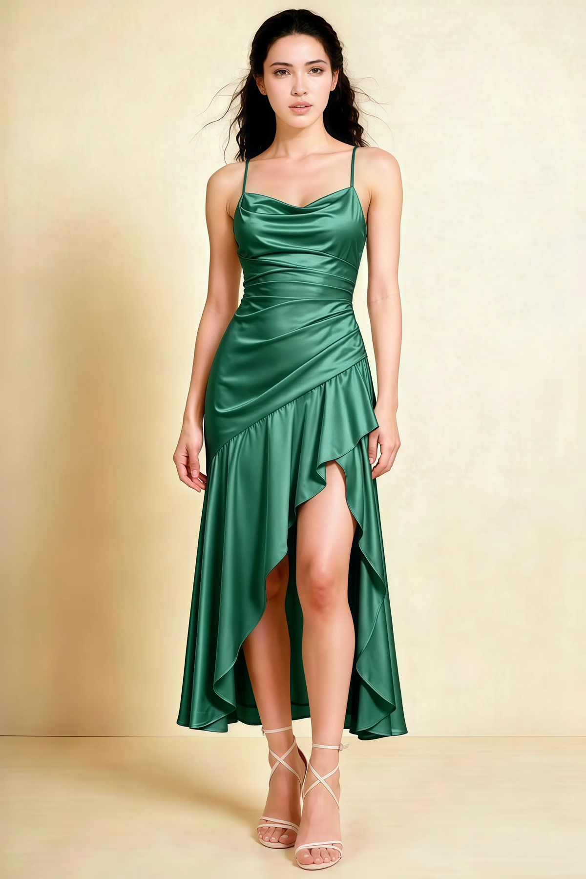 Ada Eucalyptus Satin High-Low Ruffled Midi Dress