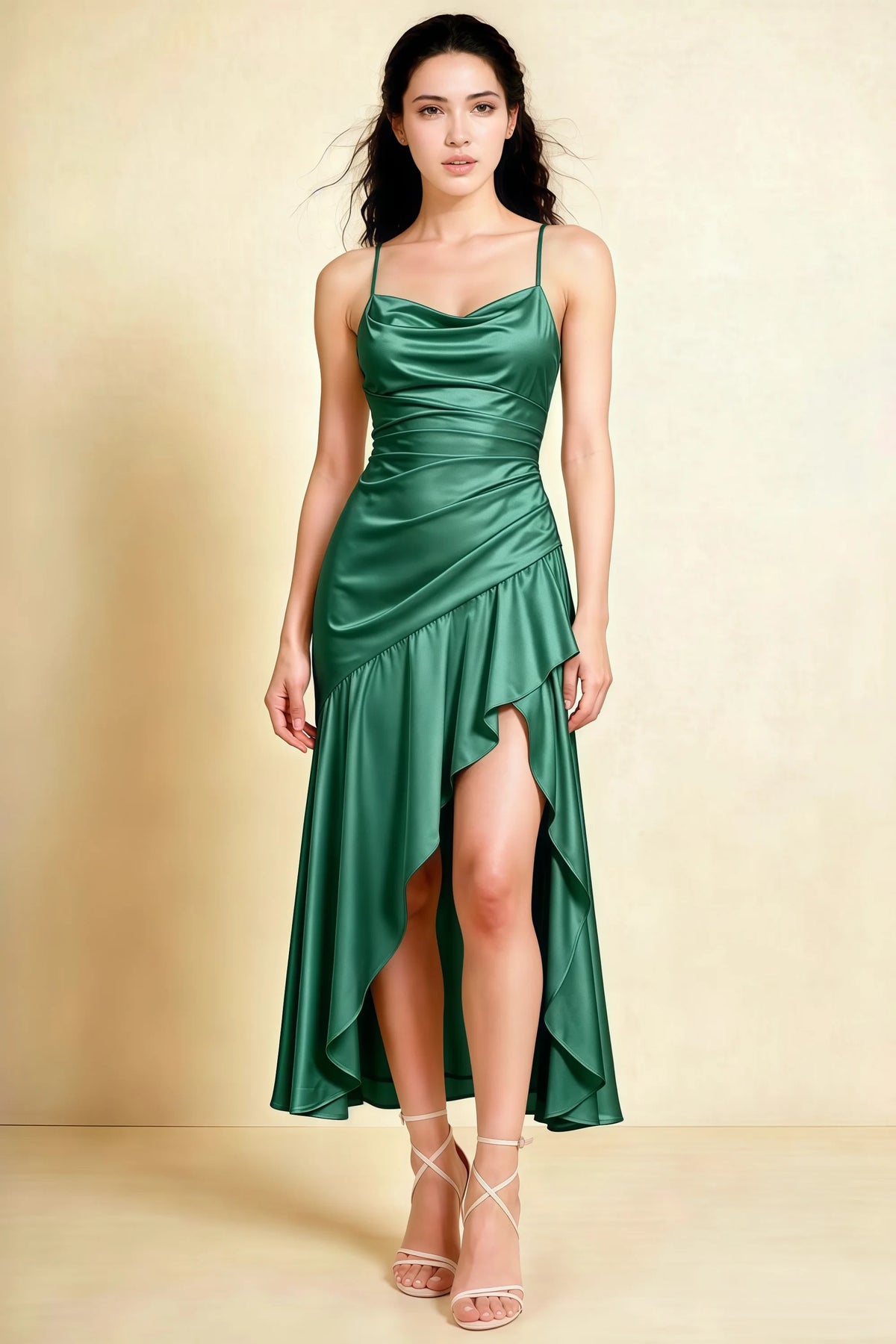 Ada Eucalyptus Satin High-Low Ruffled Midi Dress Main image