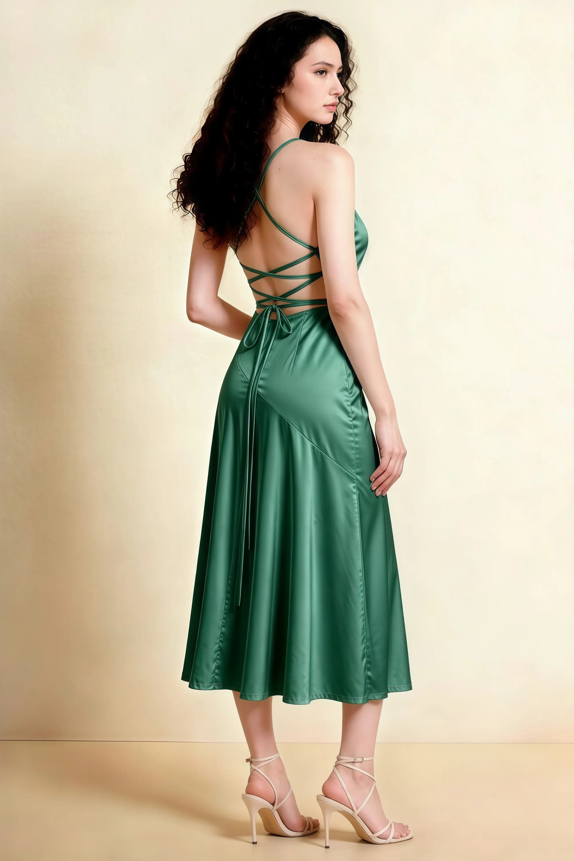 Ada Eucalyptus Satin High-Low Ruffled Midi Dress Secondary image