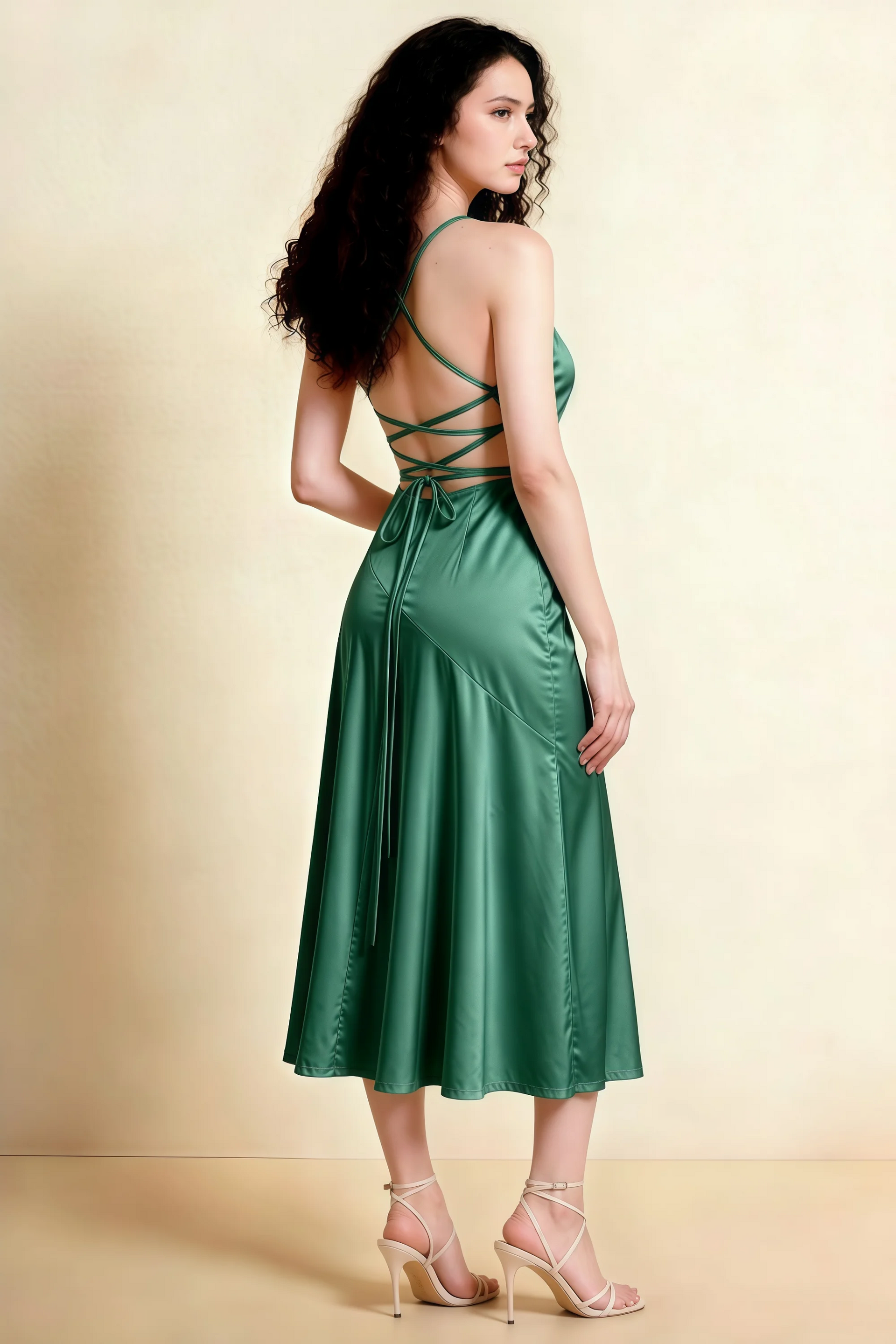 Ada Eucalyptus Satin High-Low Ruffled Midi Dress