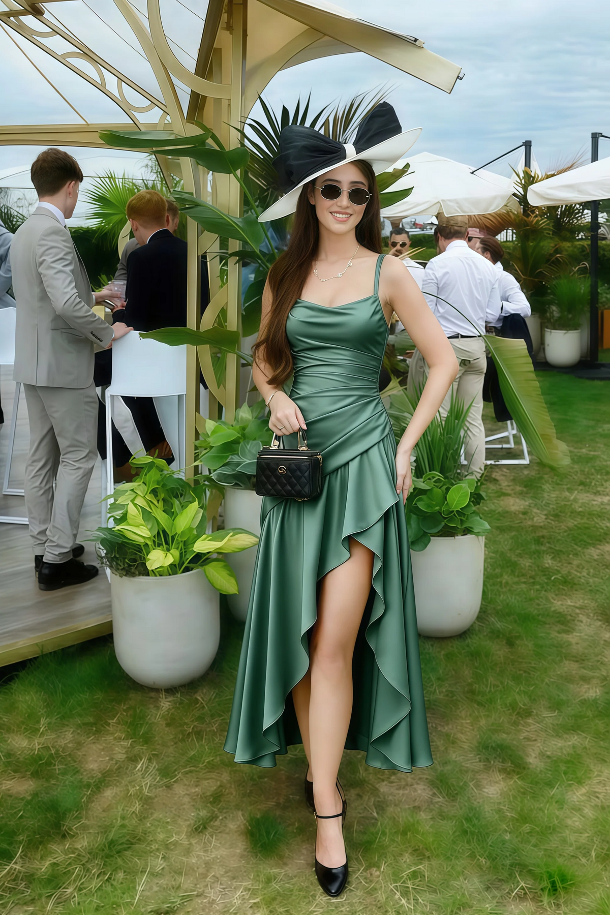 Ada Eucalyptus Satin High-Low Ruffled Midi Dress