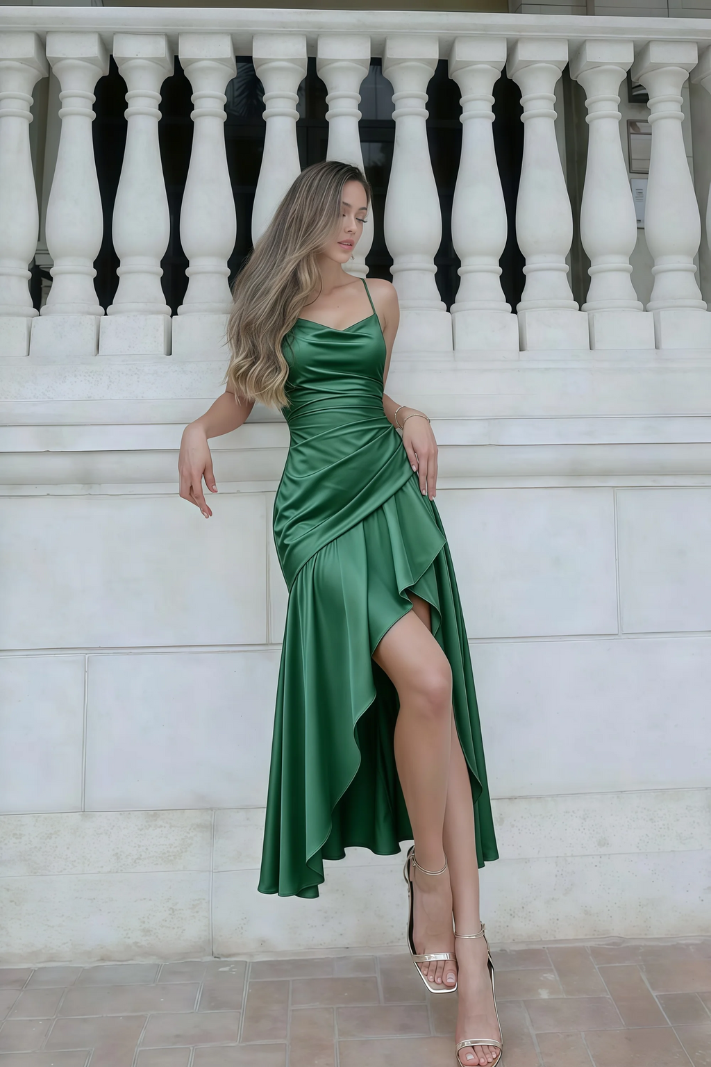 Ada Eucalyptus Satin High-Low Ruffled Midi Dress