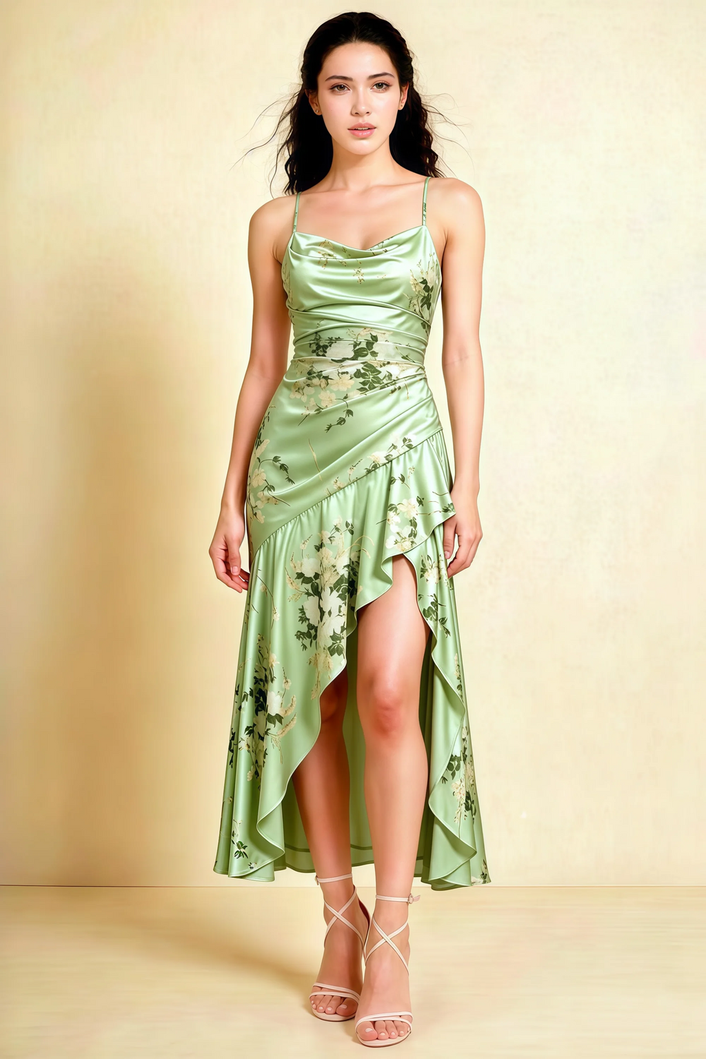 Ada Green Floral High-Low Ruffled Midi Dress