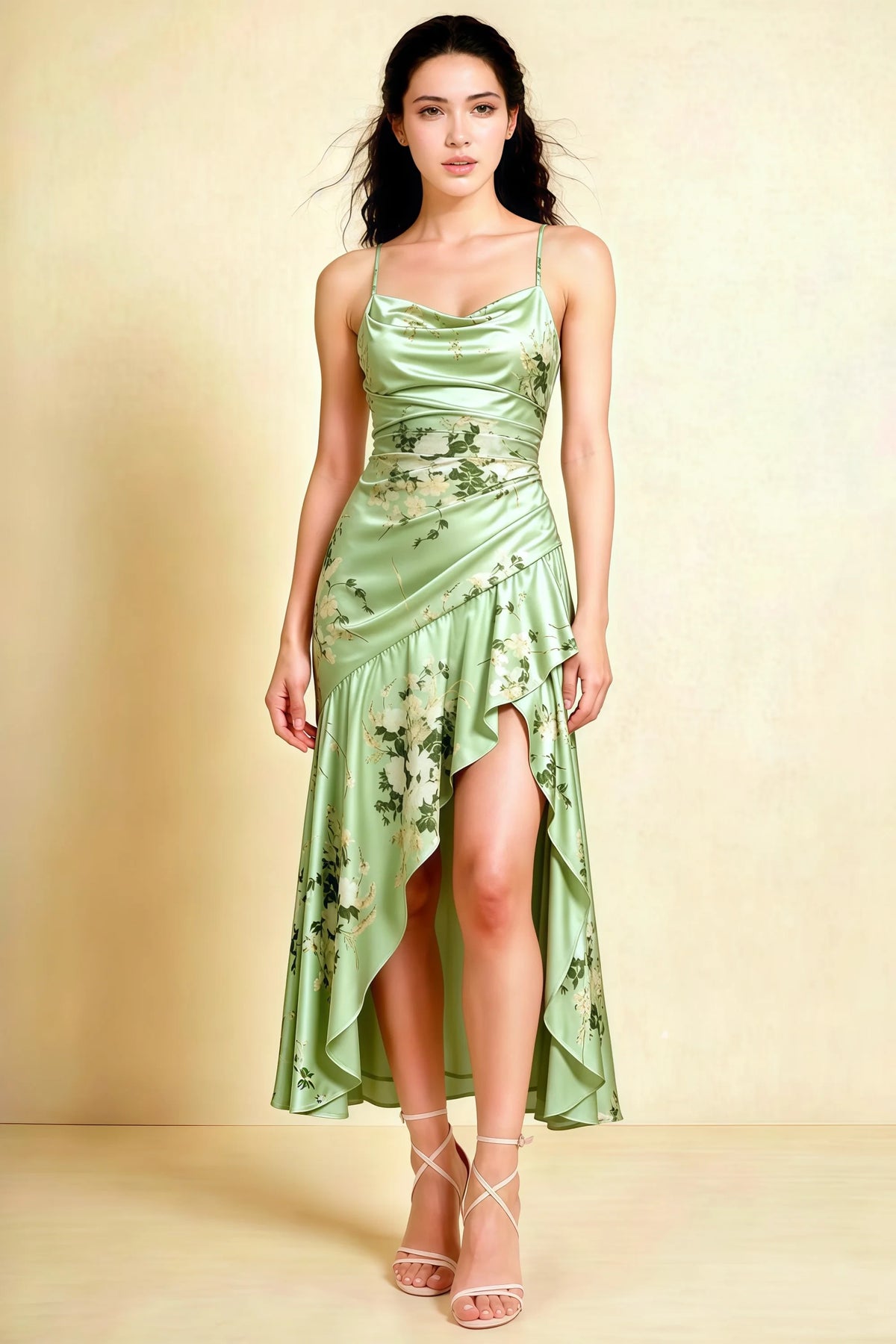 Ada Green Floral High-Low Ruffled Midi Dress Main image