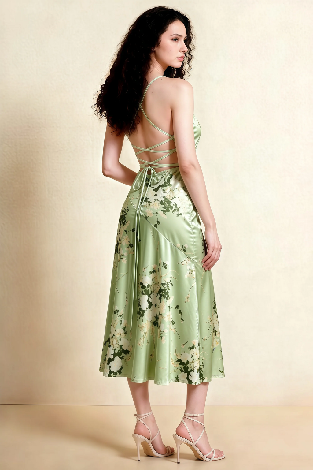 Ada Green Floral High-Low Ruffled Midi Dress