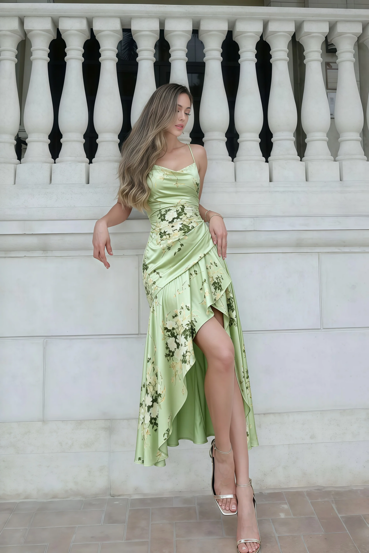 Ada Green Floral High-Low Ruffled Midi Dress