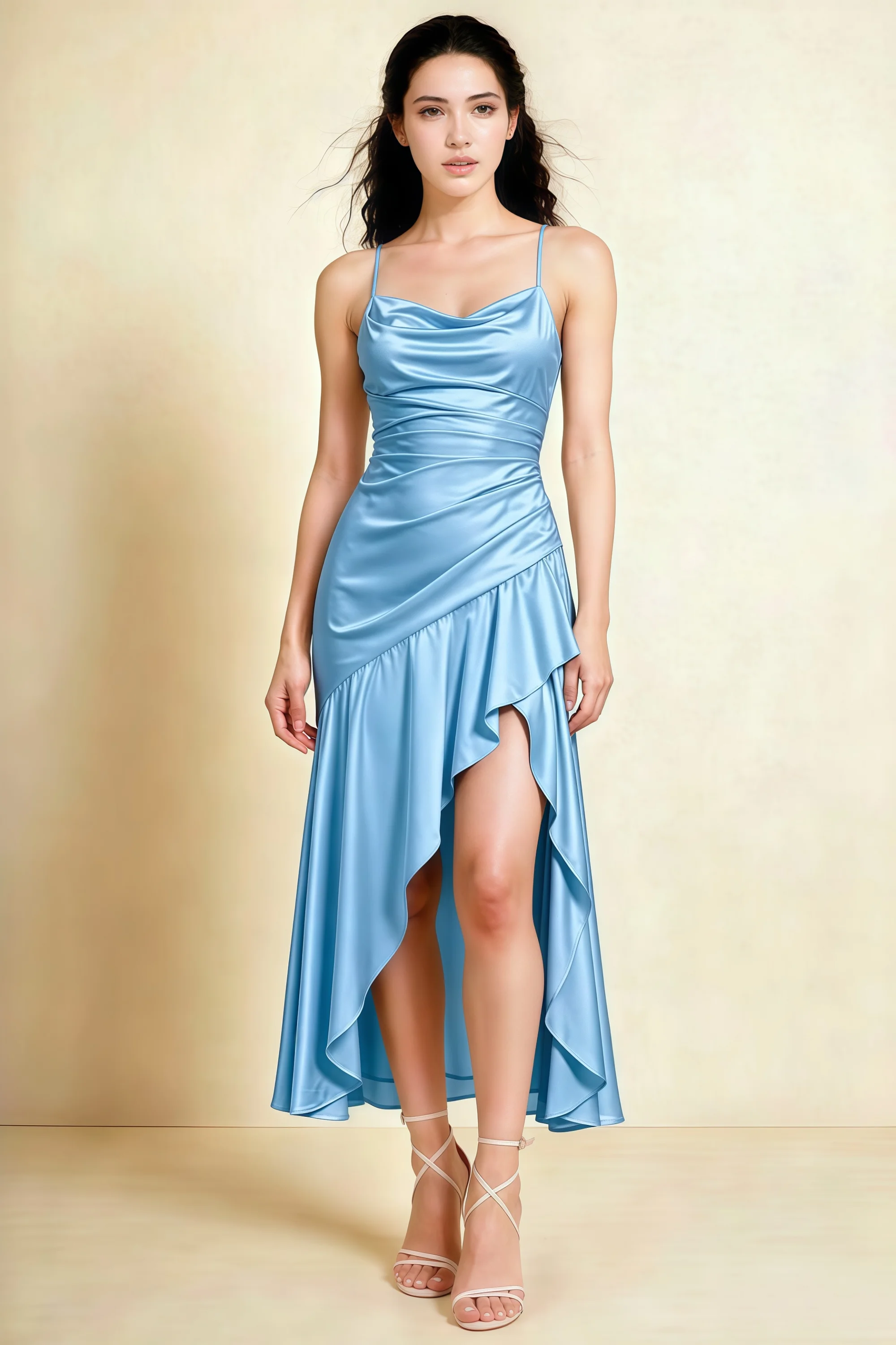 Ada Haze Blue Satin High-Low Ruffled Midi Dress Imagen principal del producto